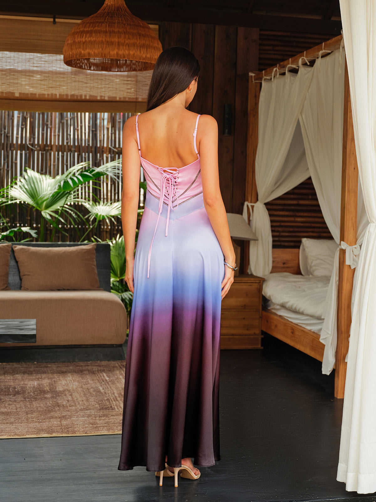 Spaghetti Straps Tie-Dye Gradient Satin Maxi Dress With Lace-Up Back-Massicos