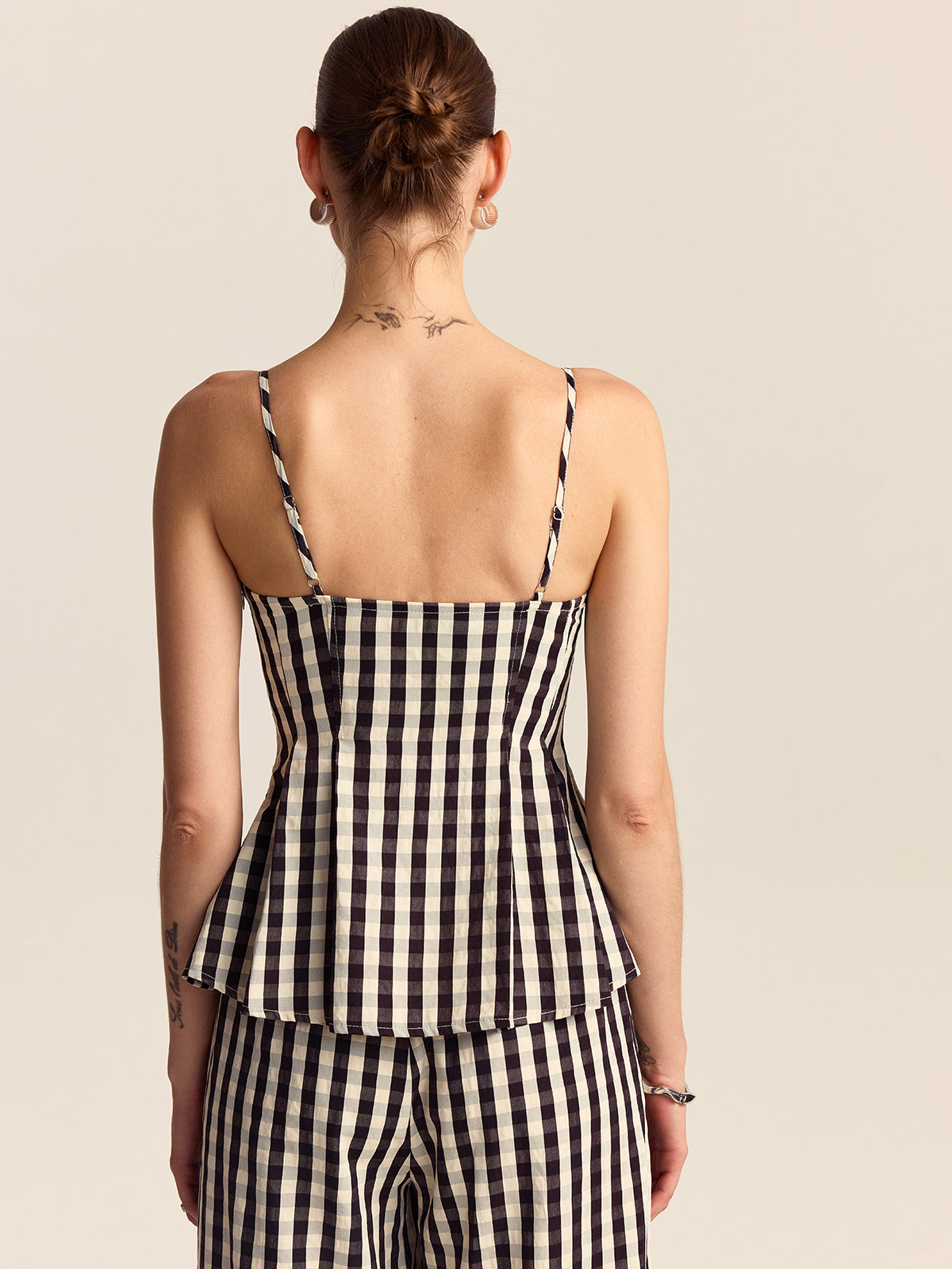 Gingham Spaghetti Strap Peplum Top with Lace Trim-Massicos