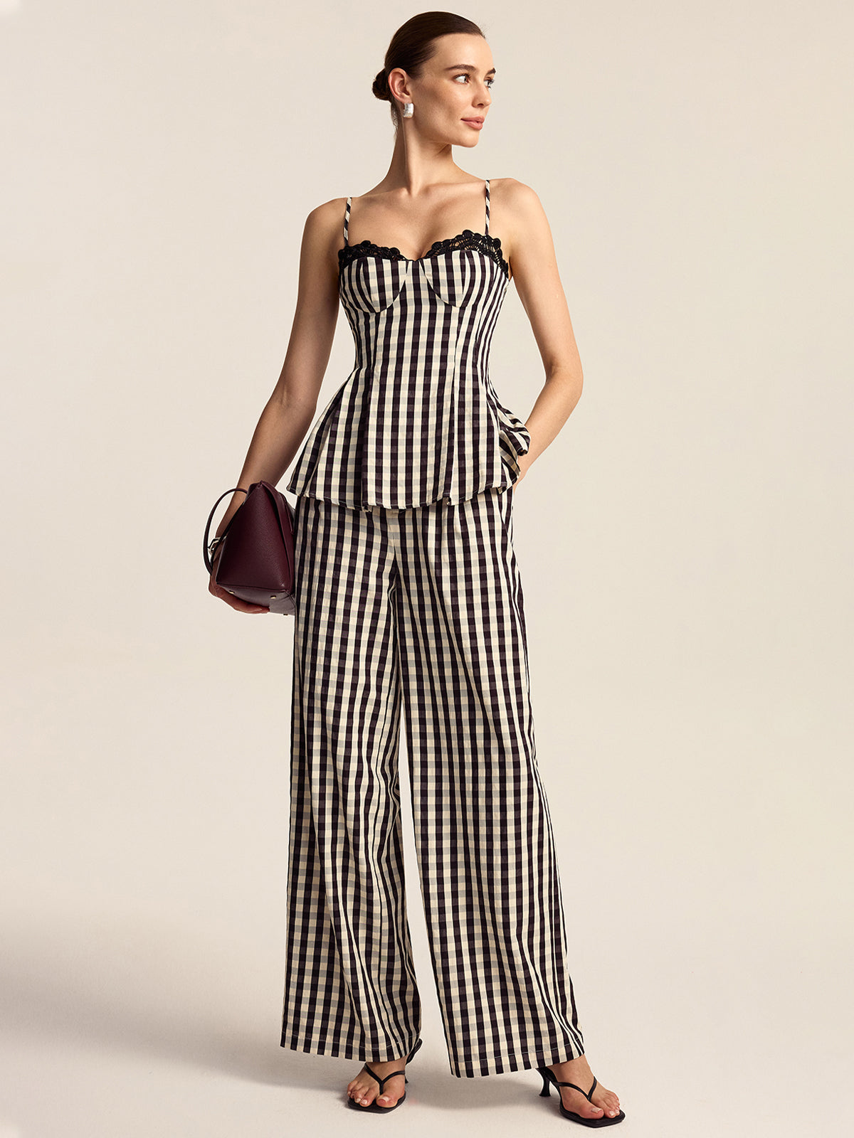 Gingham Spaghetti Strap Peplum Top with Lace Trim-Massicos