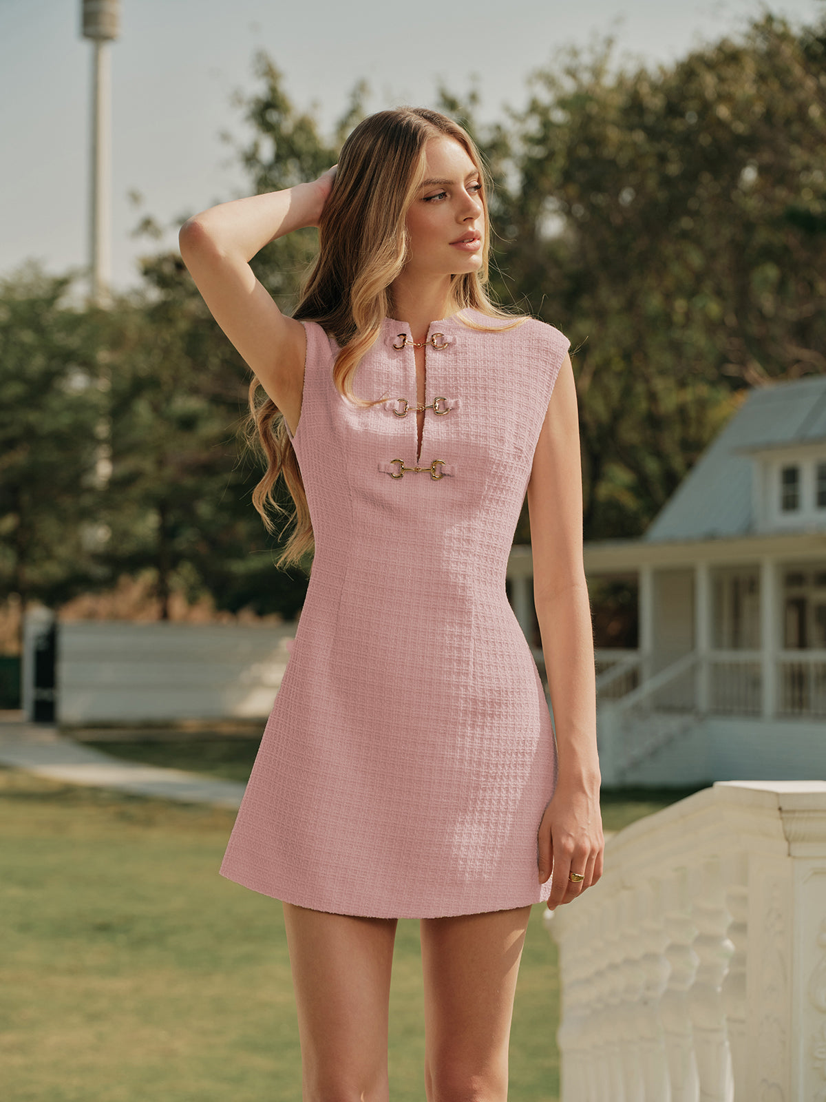 Metal Button Tweed Sleeveless Dress-Massicos