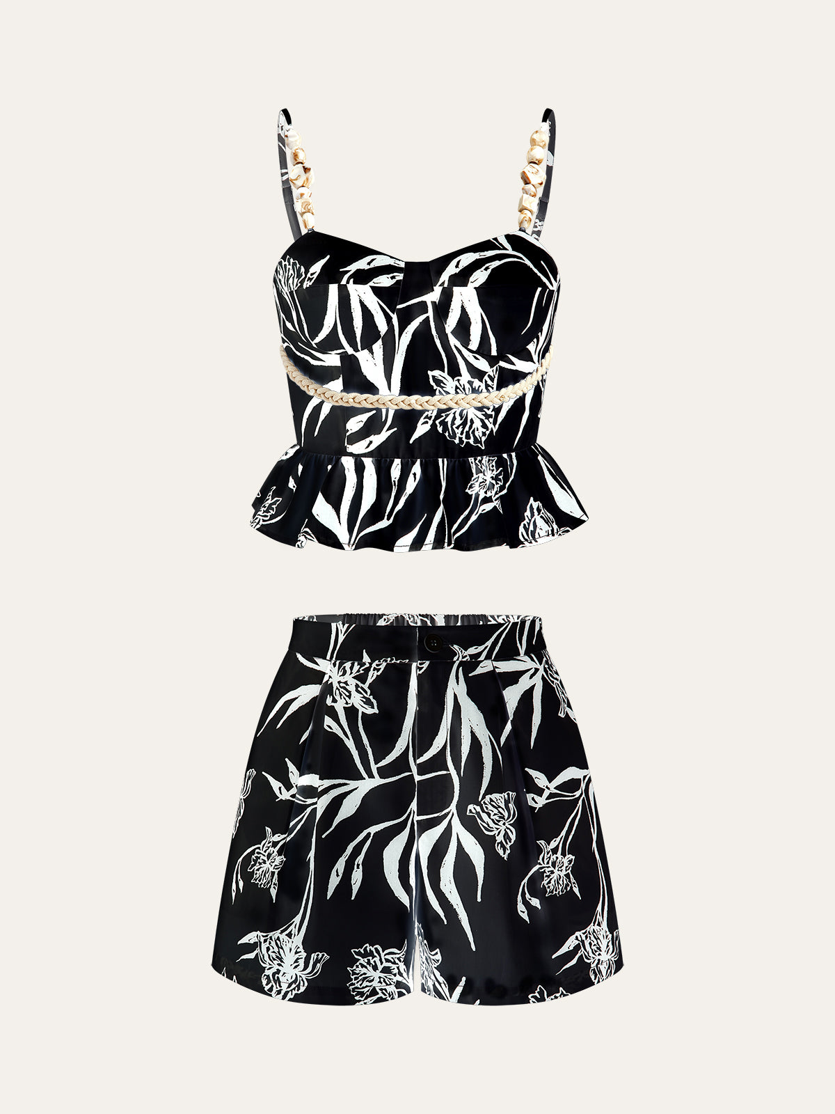 Floral Print Peplum Top With Shorts Set-Massicos