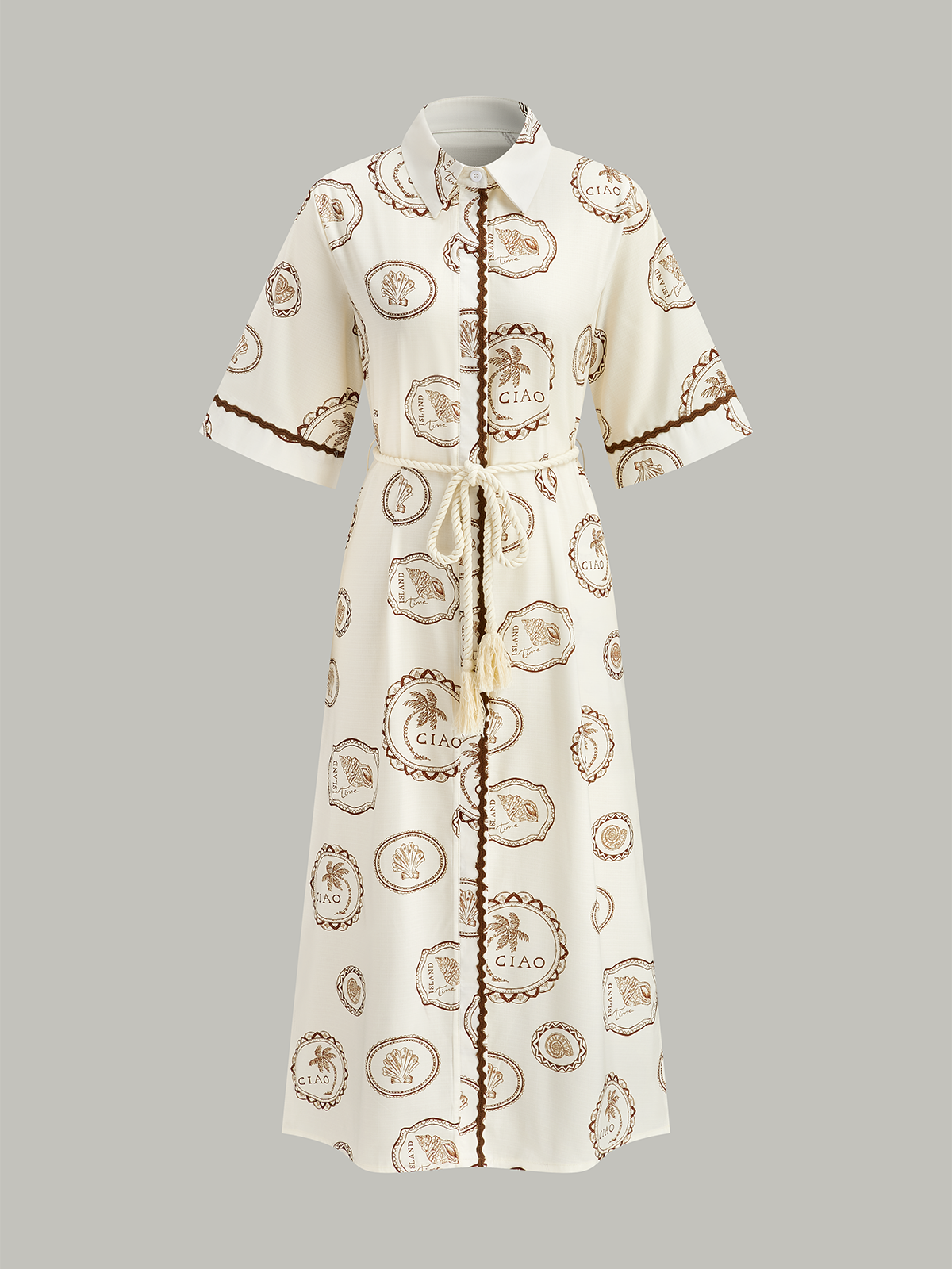 Printed Shirt Dress with Rope Tie Belt-Massicos
