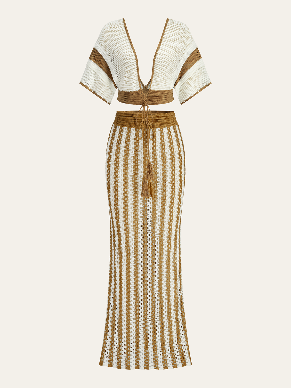 Crochet Stripe Skirt Set With Tassel Tie Waist-Massicos