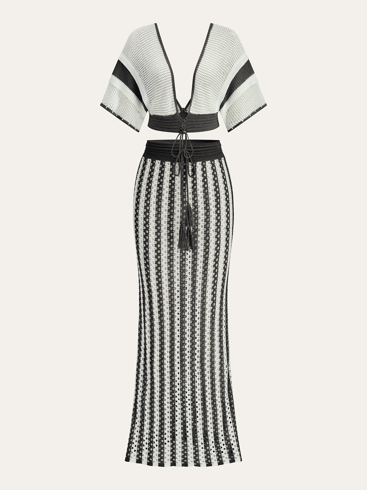 Crochet Stripe Skirt Set With Tassel Tie Waist-Massicos