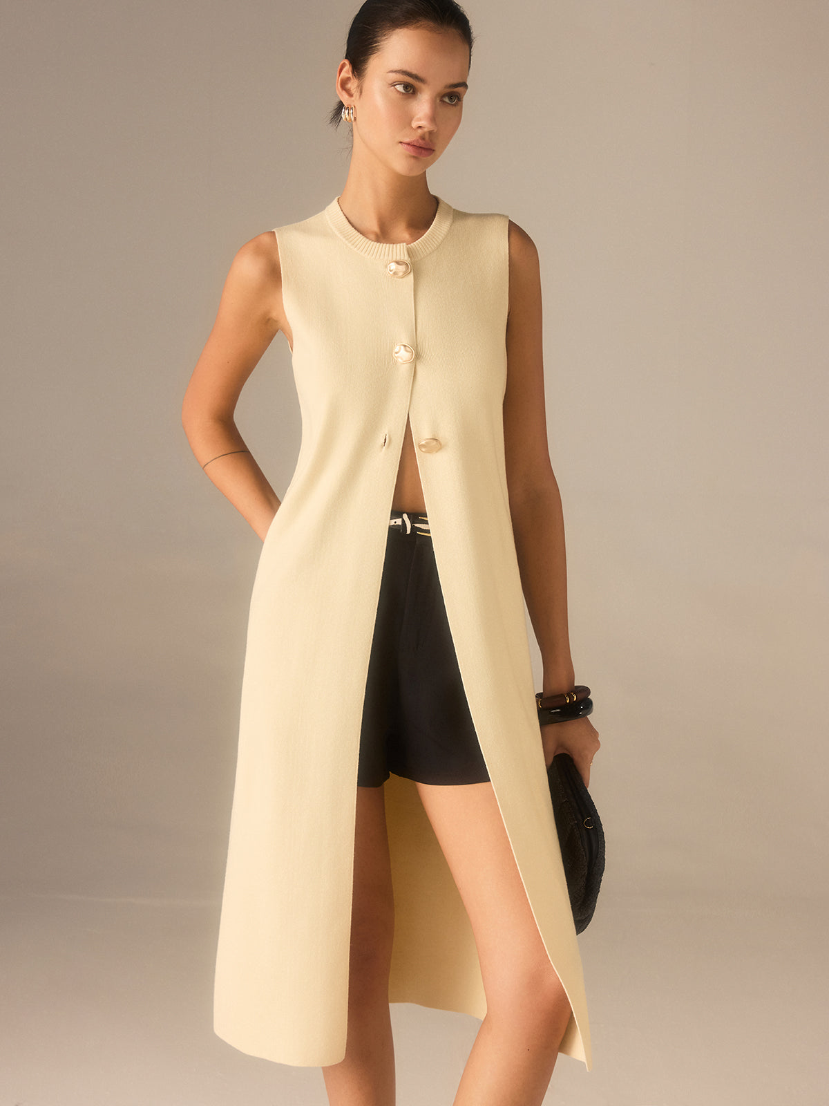 Sleeveless Knit Midi Top with Metal Button Front-Massicos