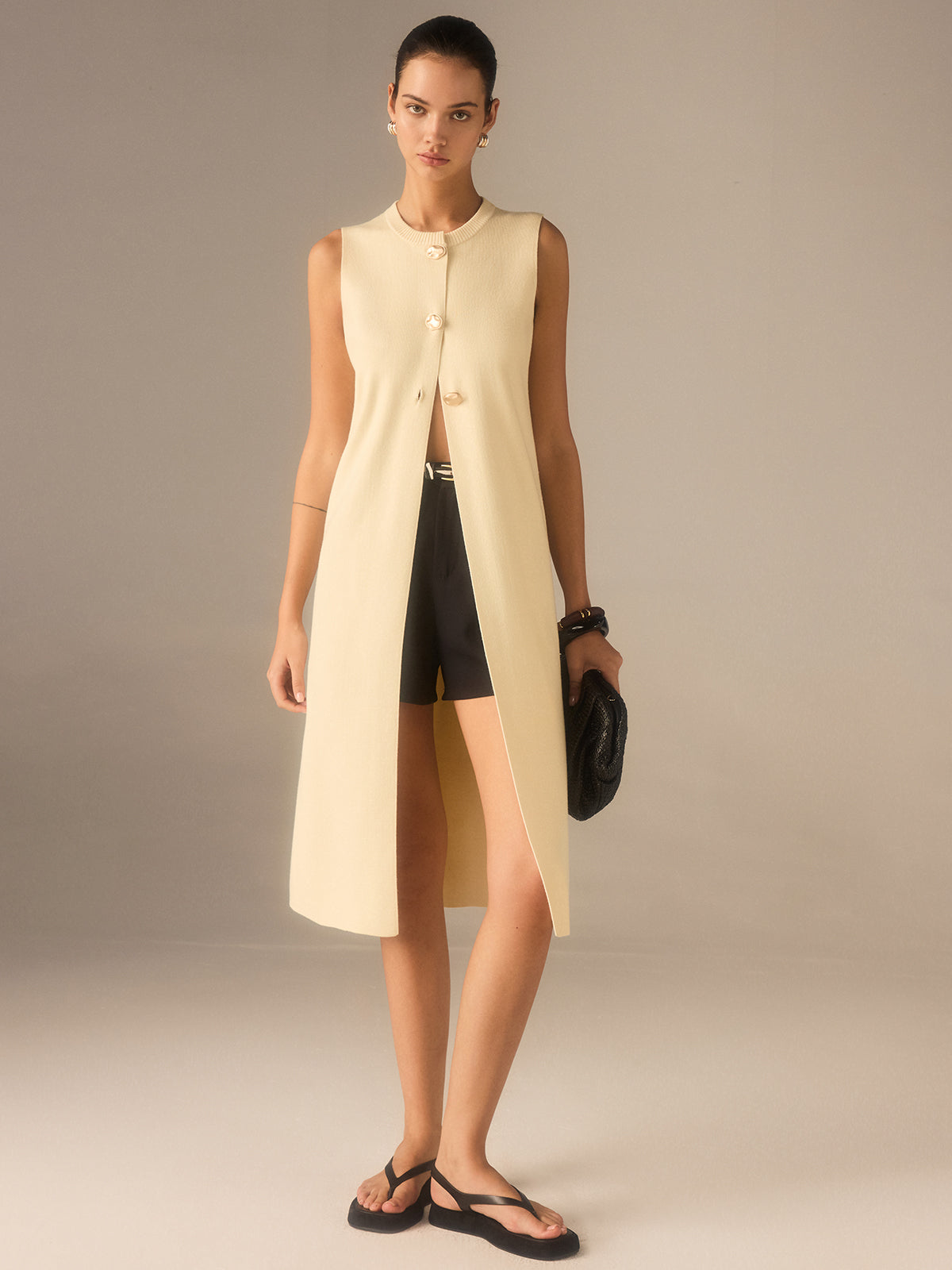 Sleeveless Knit Midi Top with Metal Button Front-Massicos