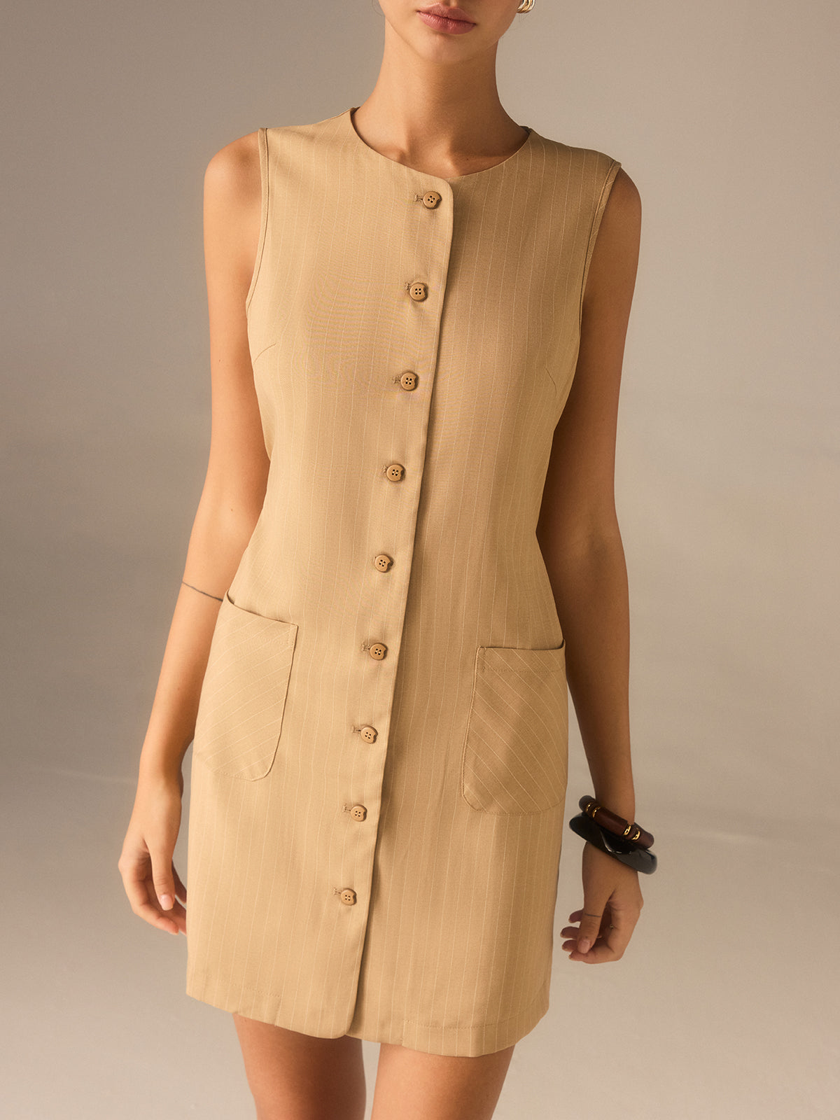 Cotton Blend Buttoned Dress with Pockets and Ties-Massicos