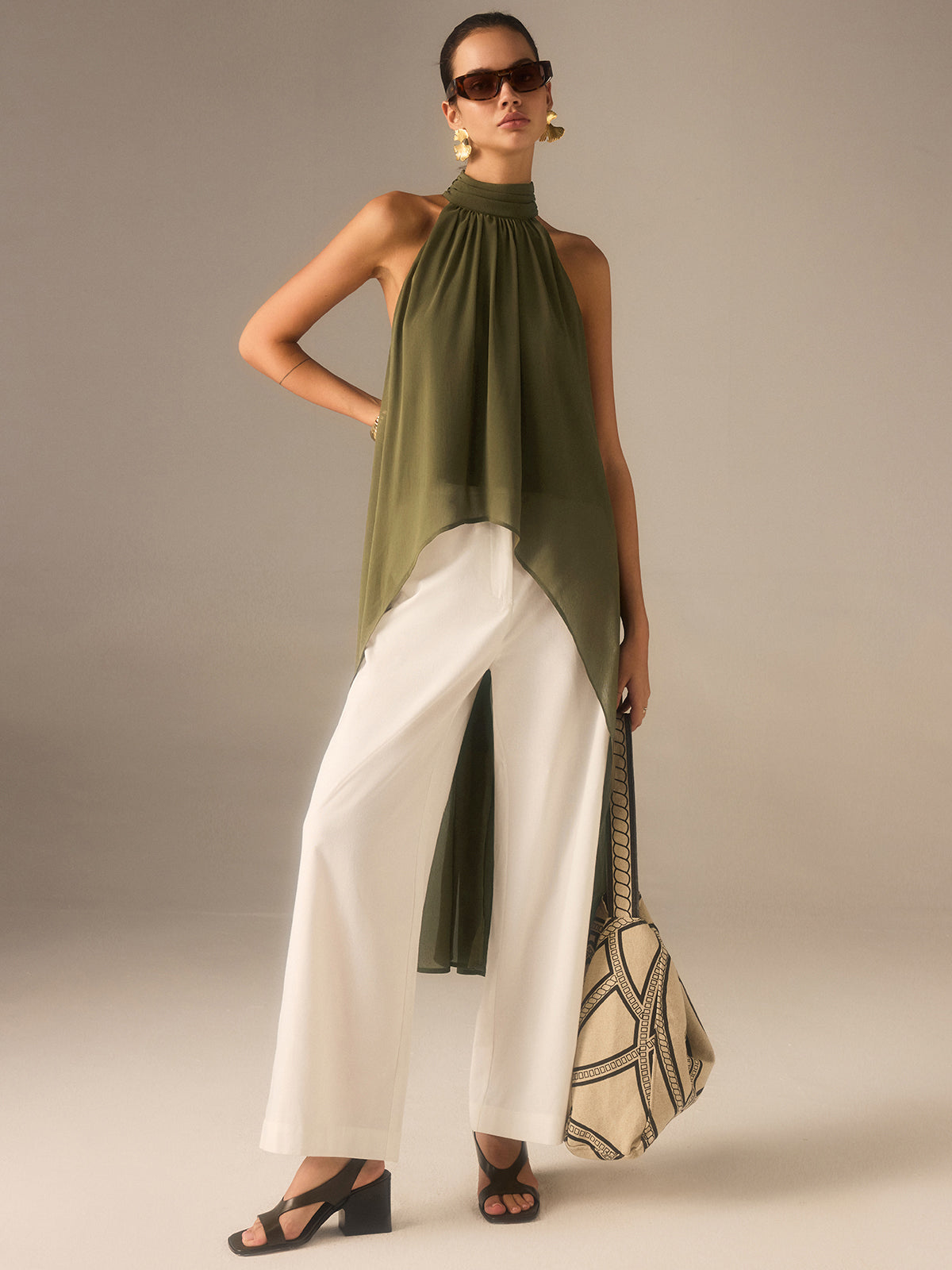 Semi-Sheer Halter-Neck Chiffon Long Top-Massicos