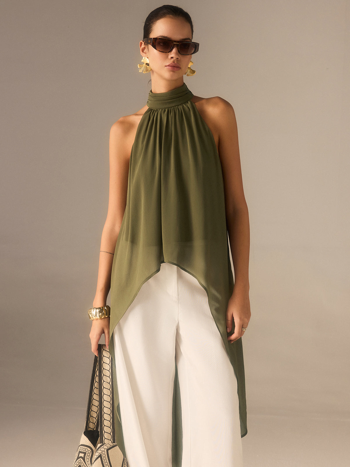 Semi-Sheer Halter-Neck Chiffon Long Top-Massicos