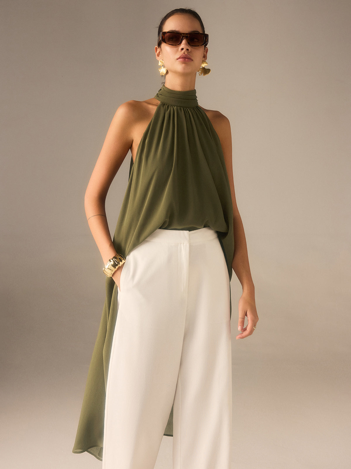 Semi-Sheer Halter-Neck Chiffon Long Top-Massicos