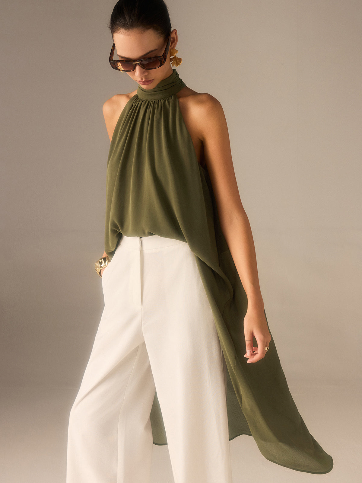 Semi-Sheer Halter-Neck Chiffon Long Top-Massicos