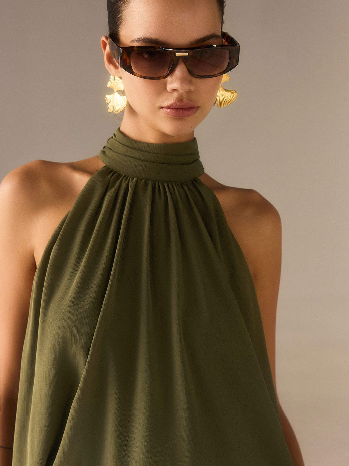 Semi-Sheer Halter-Neck Chiffon Long Top-Massicos