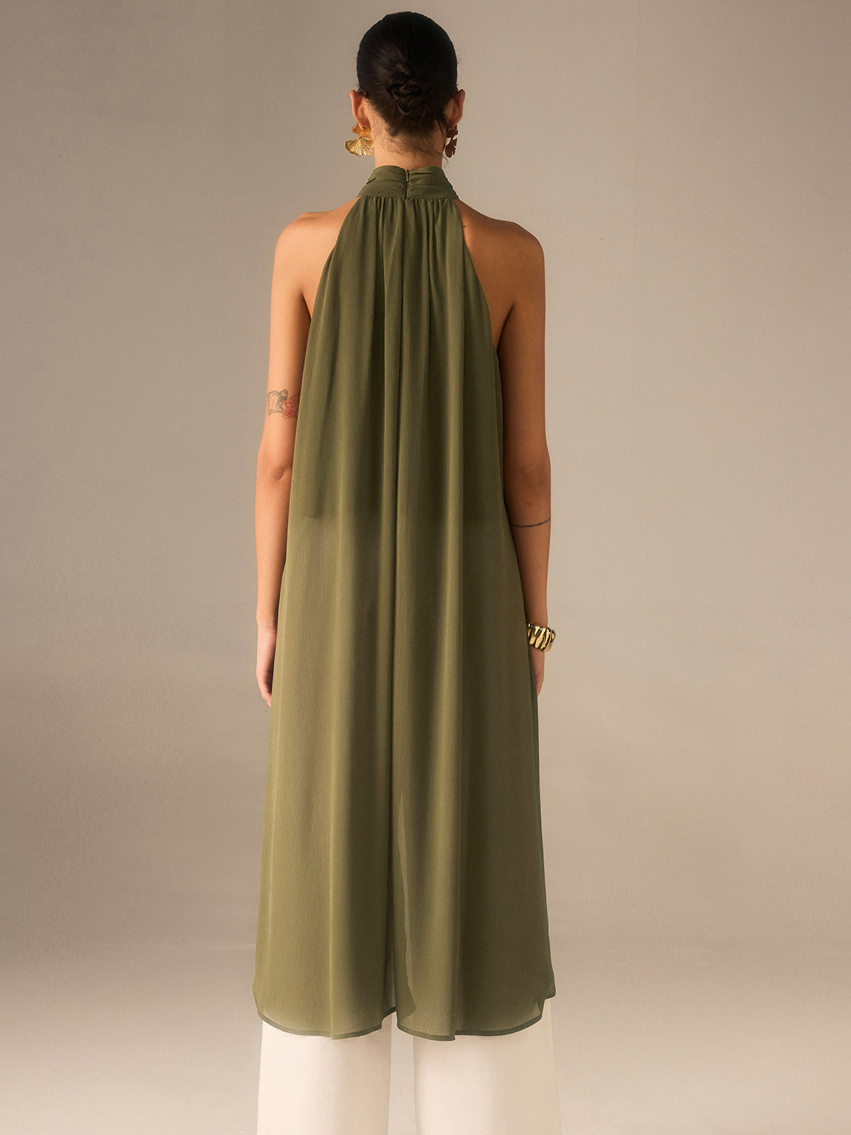 Semi-Sheer Halter-Neck Chiffon Long Top-Massicos