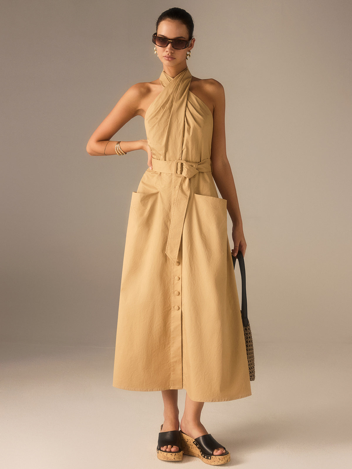 Cotton Pleated Halter Neck Belted Midi Dress-Massicos