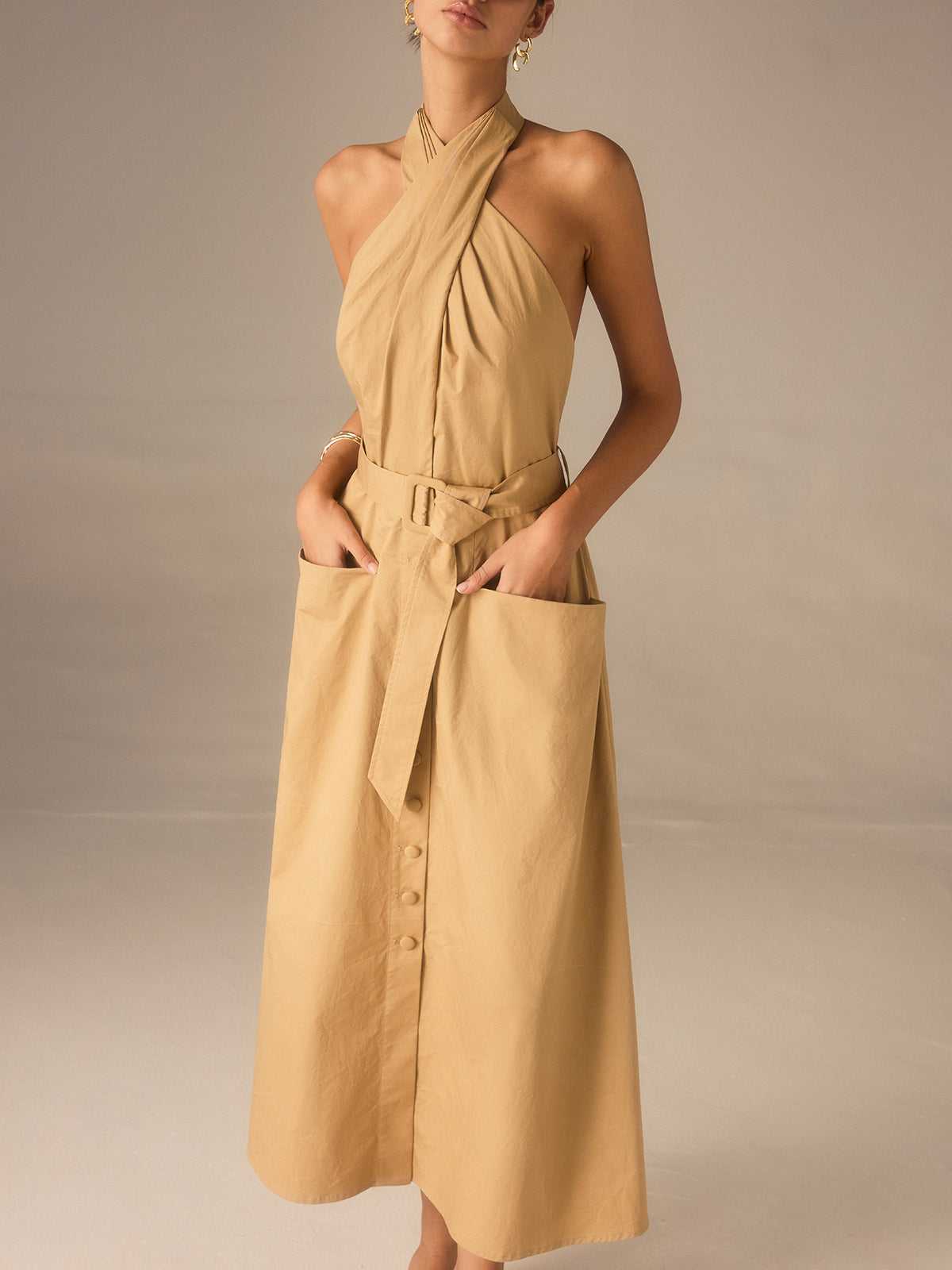Cotton Pleated Halter Neck Belted Midi Dress-Massicos