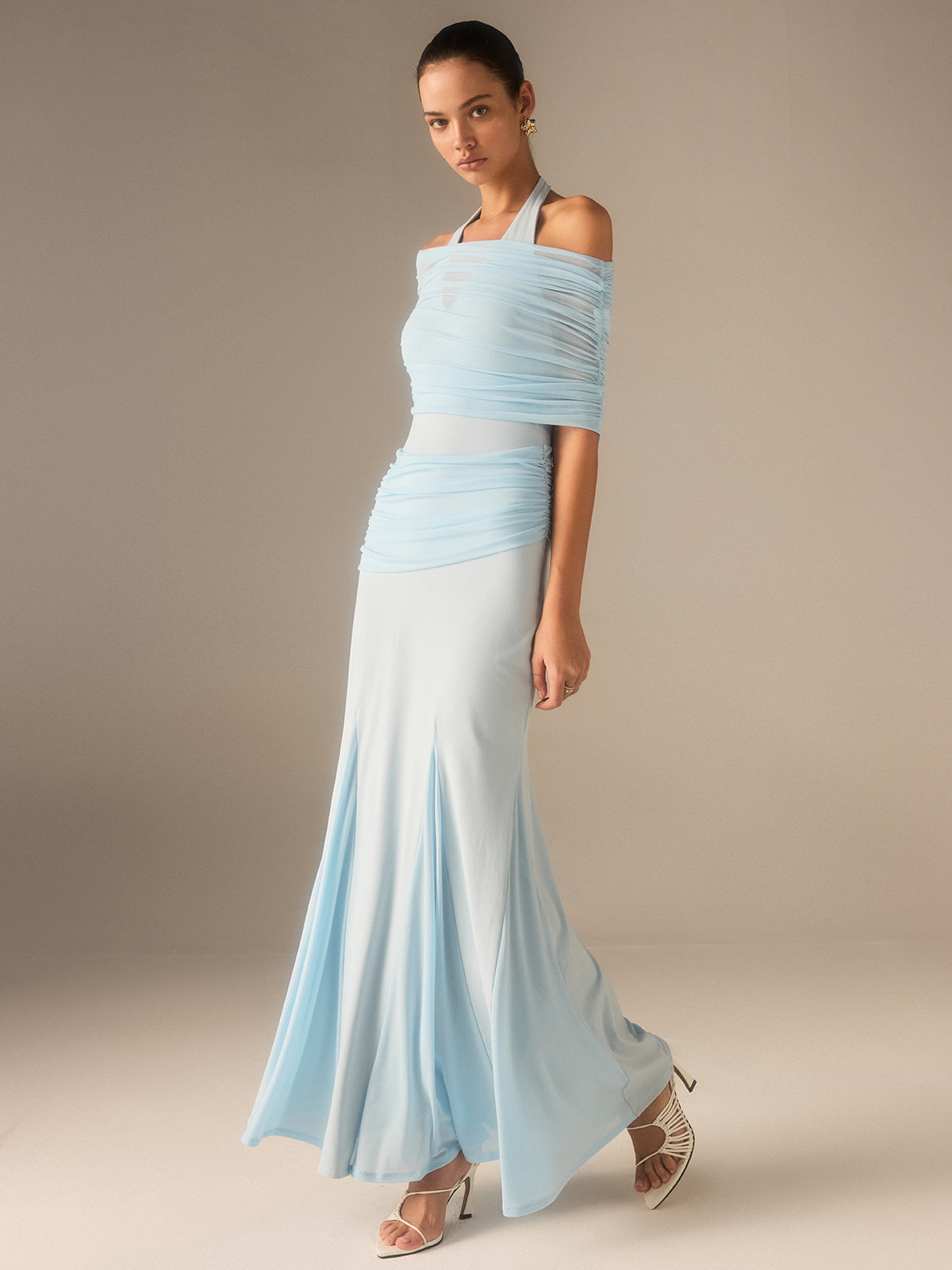 Semi-Sheer Elastic Mesh Ruched Maxi Dress-Massicos