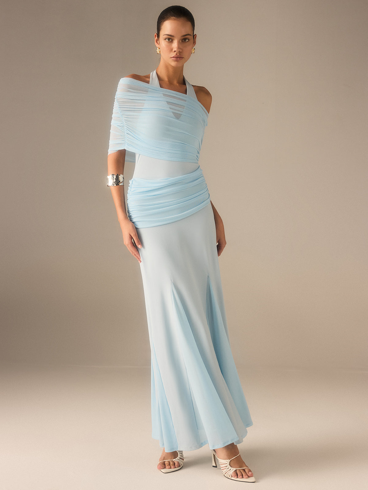 Semi-Sheer Elastic Mesh Ruched Maxi Dress-Massicos
