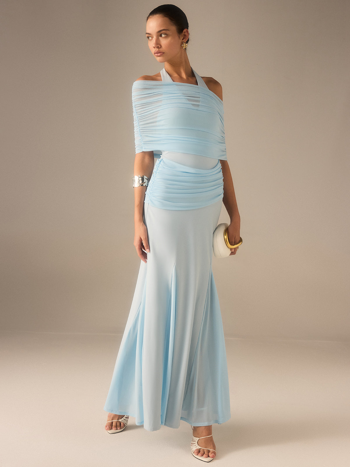 Semi-Sheer Elastic Mesh Ruched Maxi Dress-Massicos