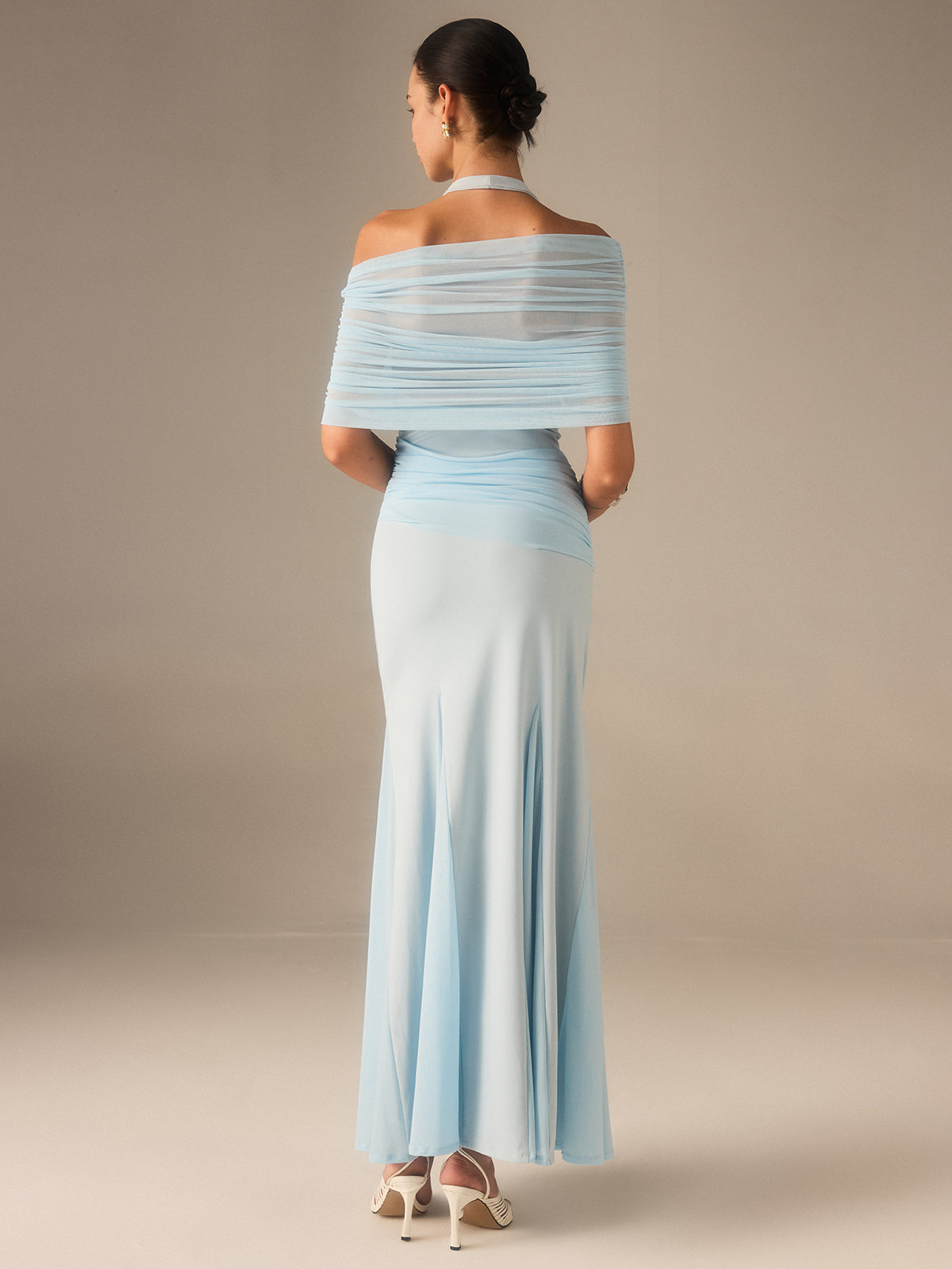 Semi-Sheer Elastic Mesh Ruched Maxi Dress-Massicos
