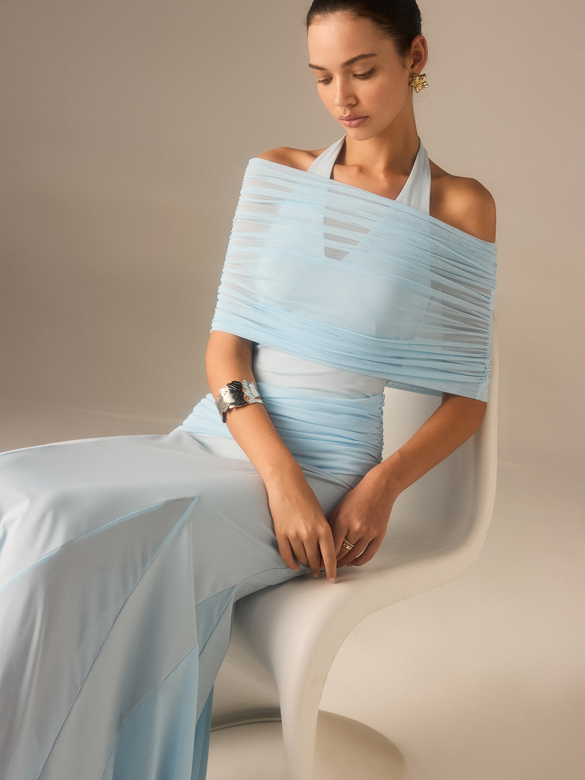 Semi-Sheer Elastic Mesh Ruched Maxi Dress-Massicos