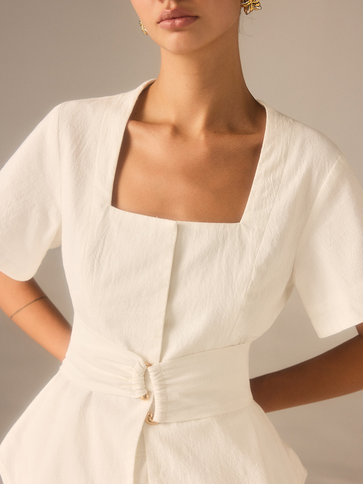 Cotton Square Neckline Top with Belted Waist-Massicos