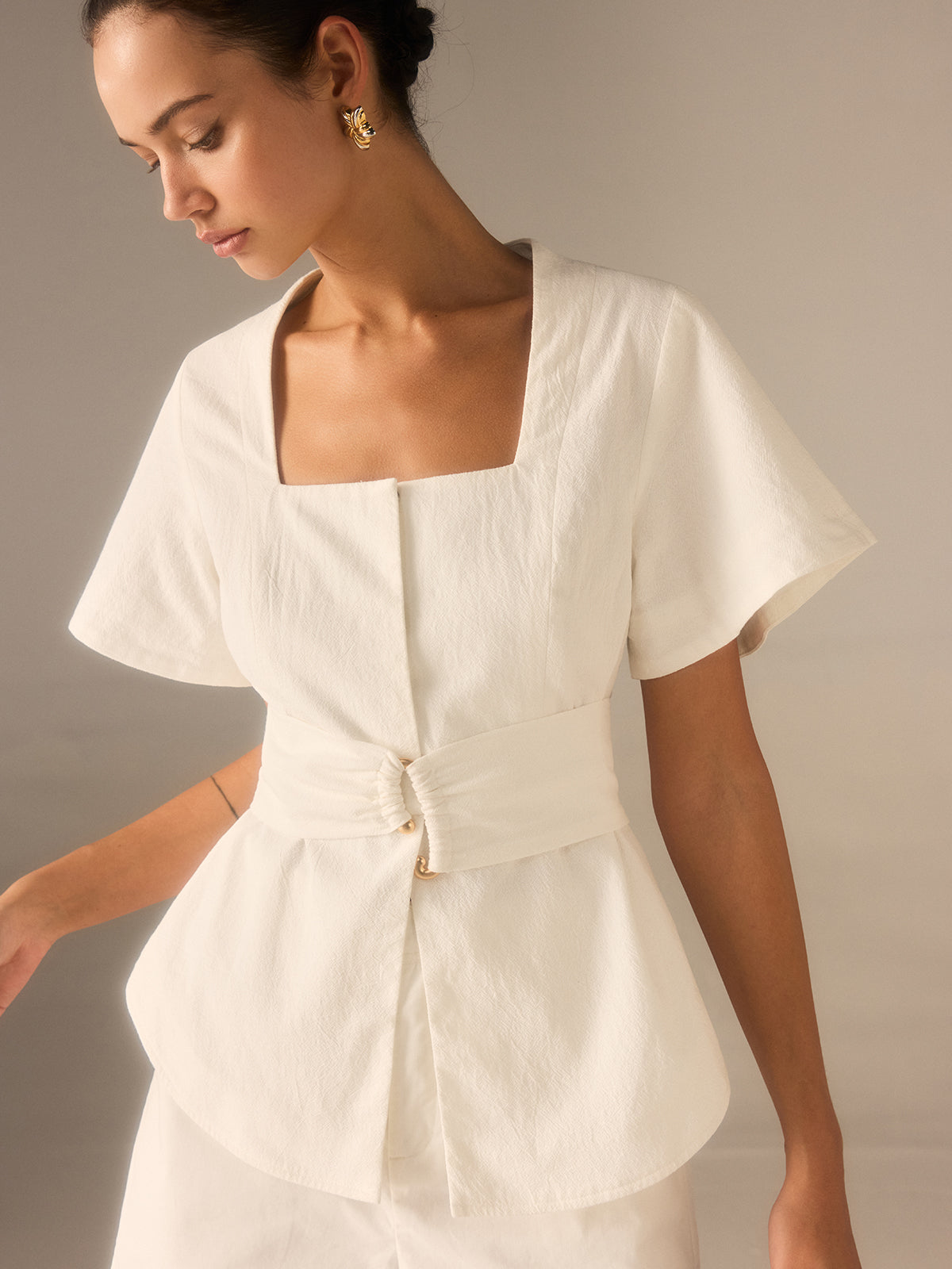 Cotton Square Neckline Top with Belted Waist-Massicos