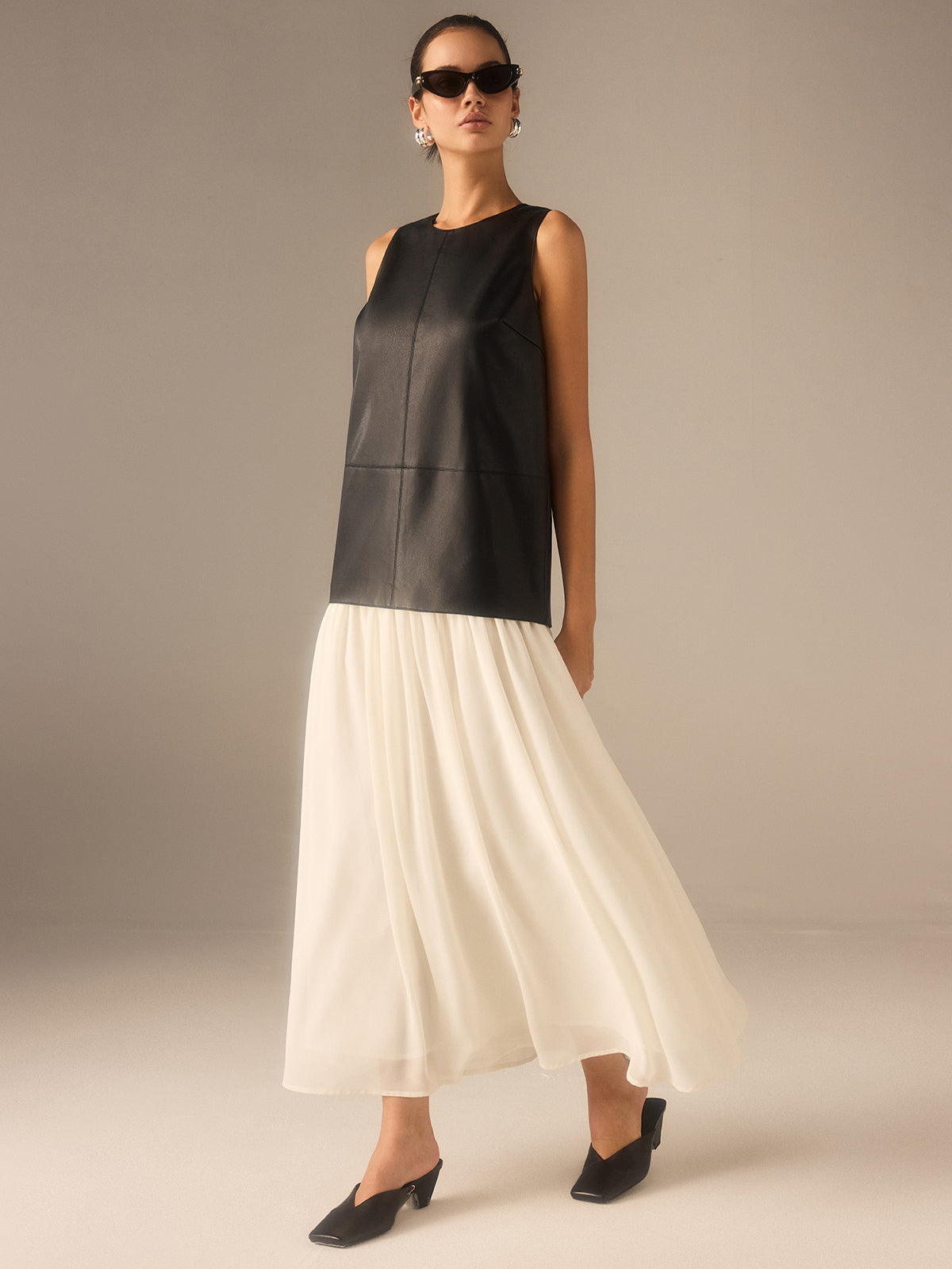 Two-Tone Faux Leather Chiffon Pleated Dress-Massicos