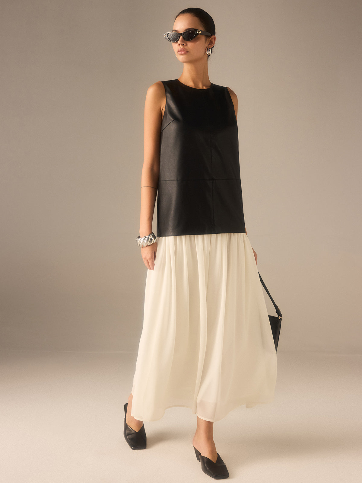 Two-Tone Faux Leather Chiffon Pleated Dress-Massicos