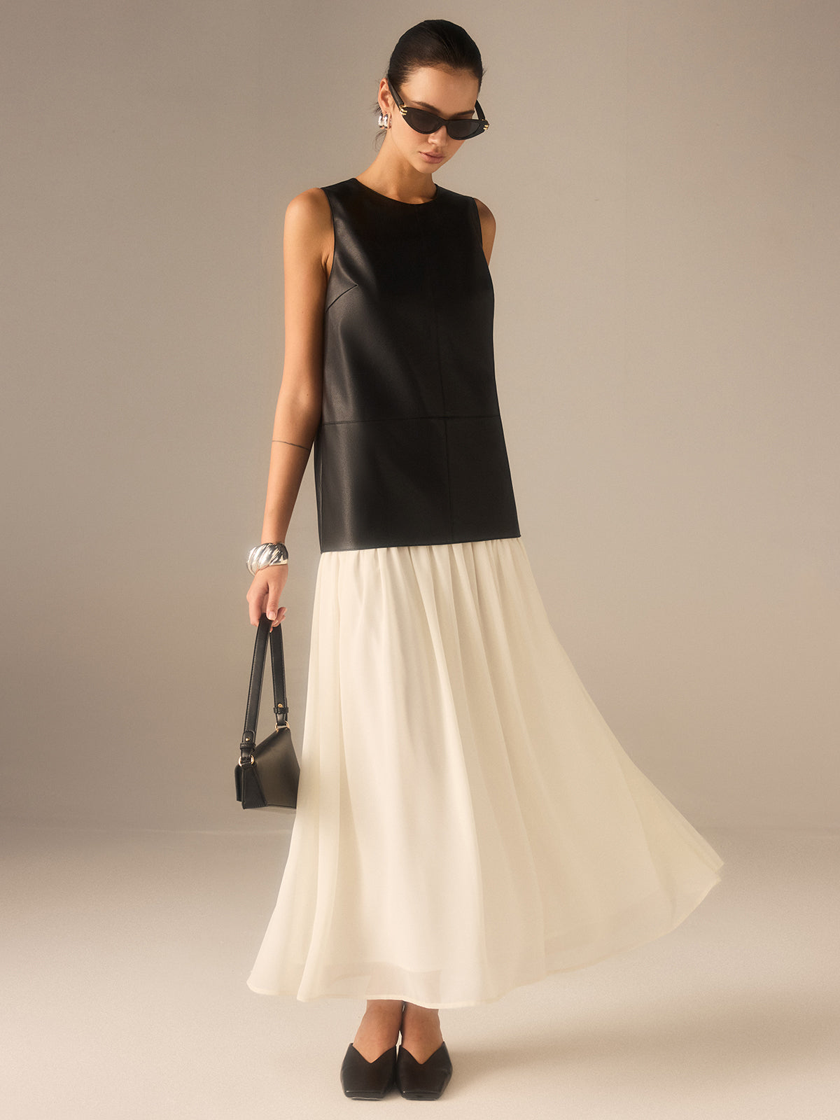 Two-Tone Faux Leather Chiffon Pleated Dress-Massicos
