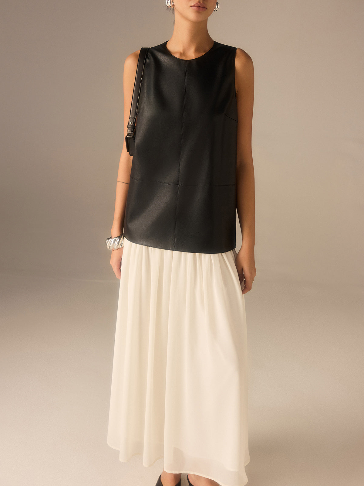 Two-Tone Faux Leather Chiffon Pleated Dress-Massicos