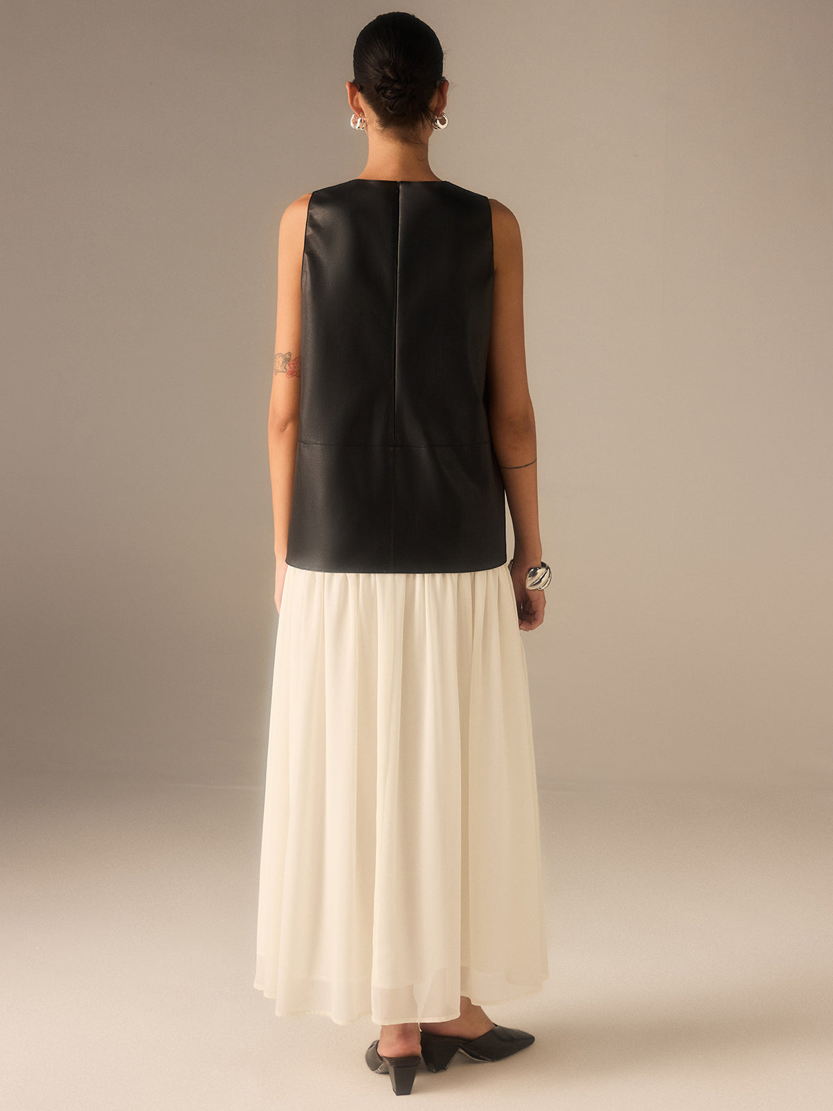 Two-Tone Faux Leather Chiffon Pleated Dress-Massicos