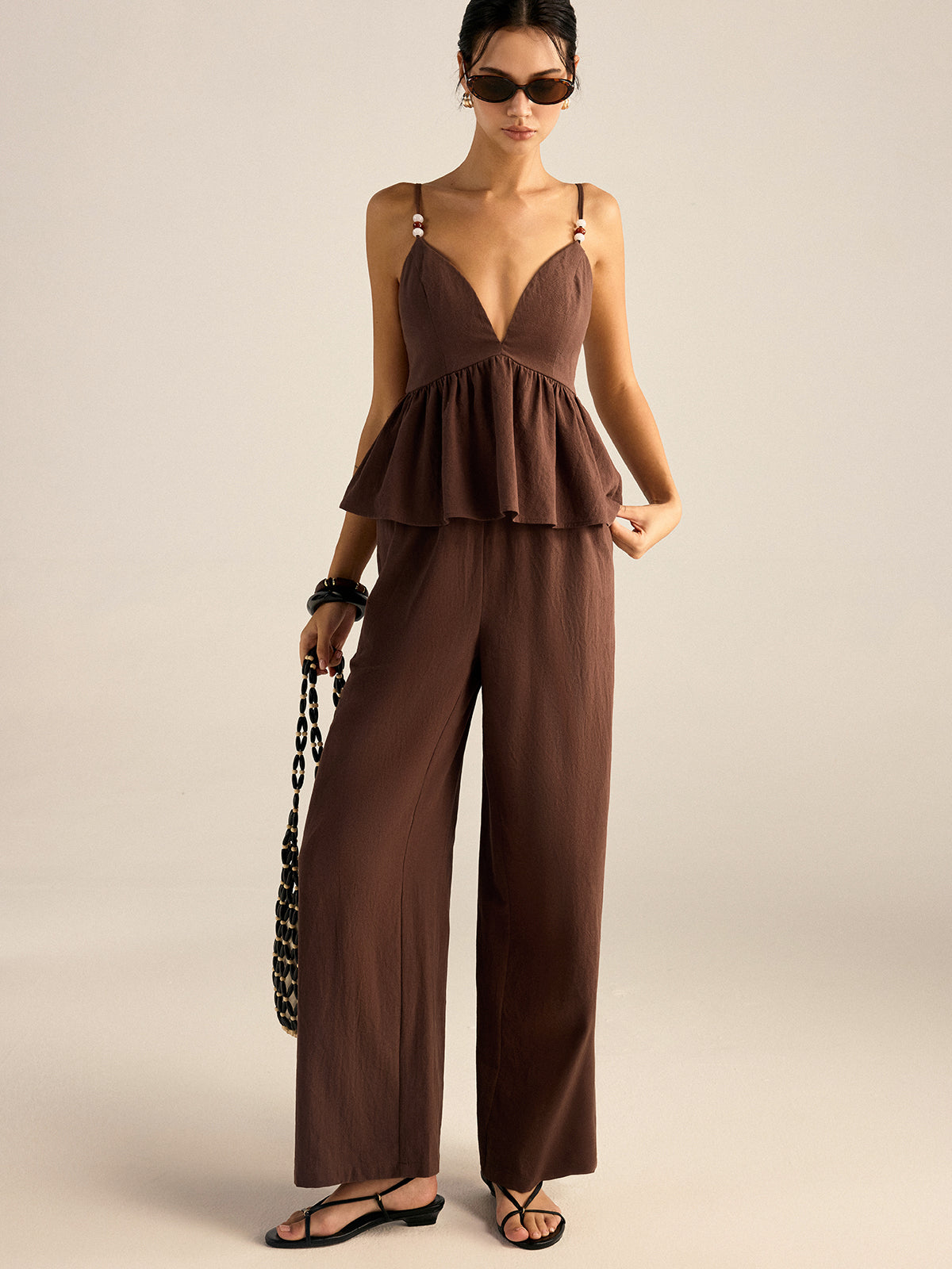Cotton Peplum Beaded Straps Top and Pants set-Massicos