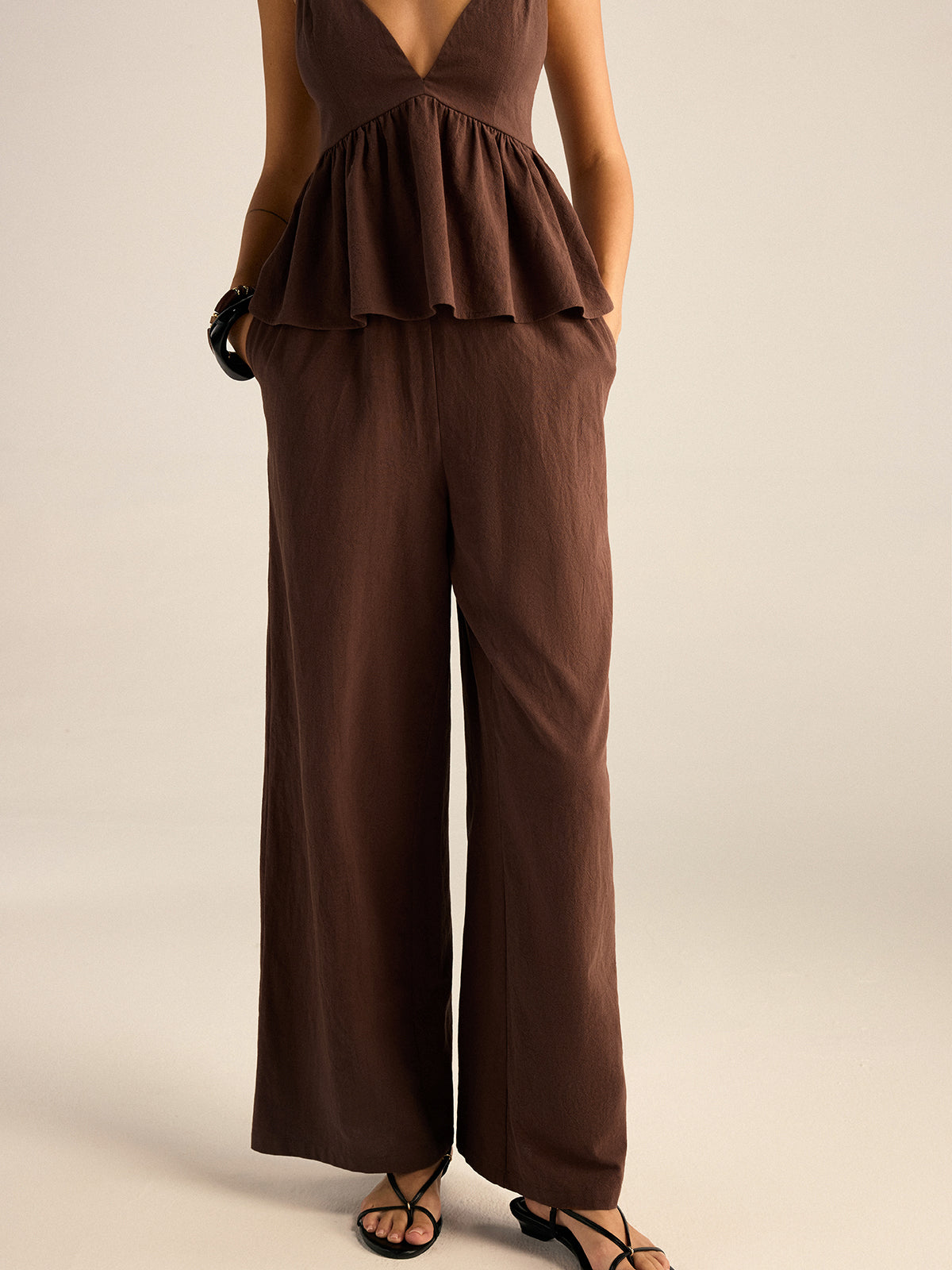 Cotton Peplum Beaded Straps Top and Pants set-Massicos