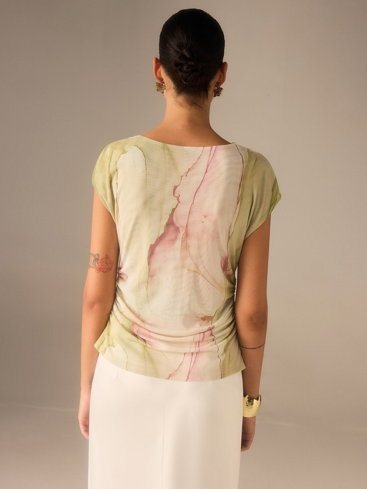 Print Asymmetric Neckline  Top-Massicos