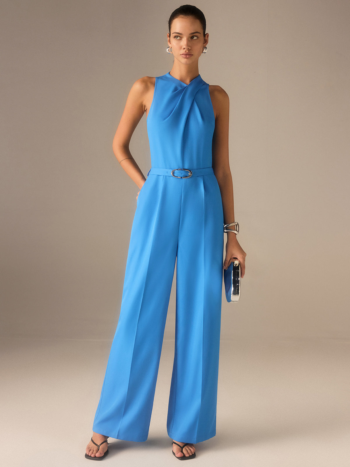 Sleeveless Belted Twist Jumpsuit-Massicos