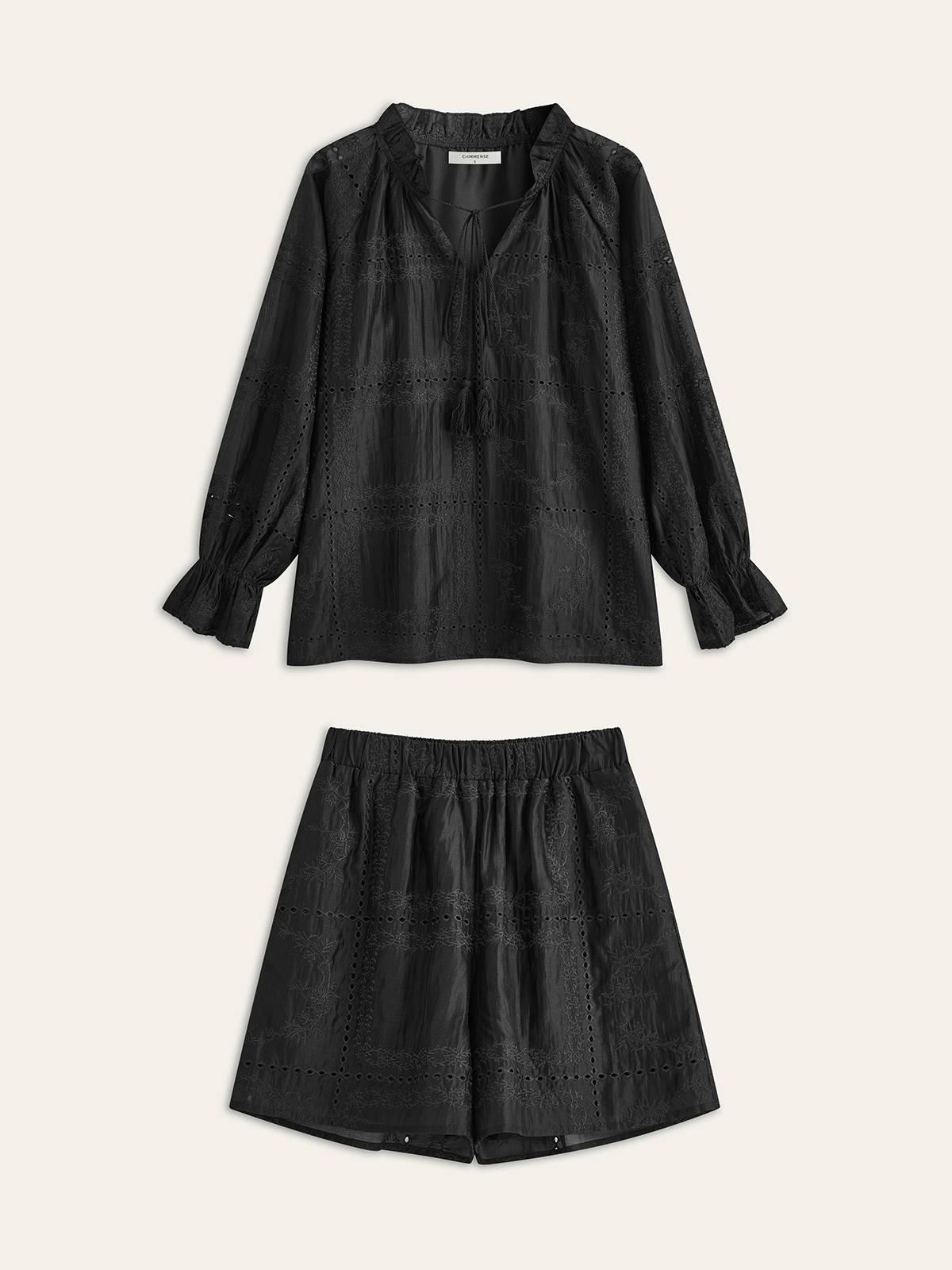 Embroidery Detail Long Sleeve Shorts Set-Massicos