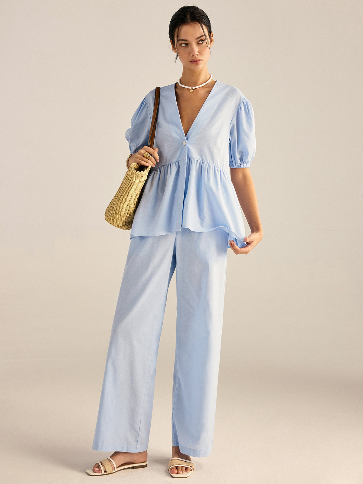 Cotton Peplum Top and Pants Set-Massicos