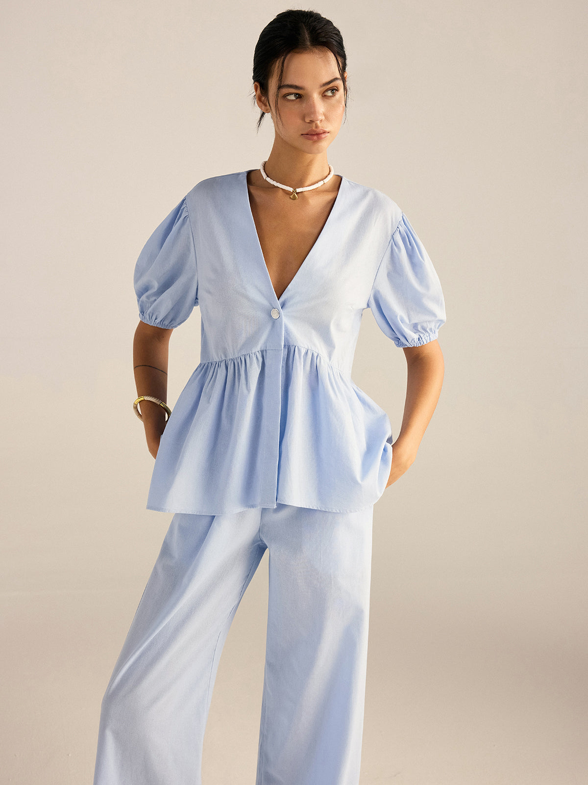 Cotton Peplum Top and Pants Set-Massicos