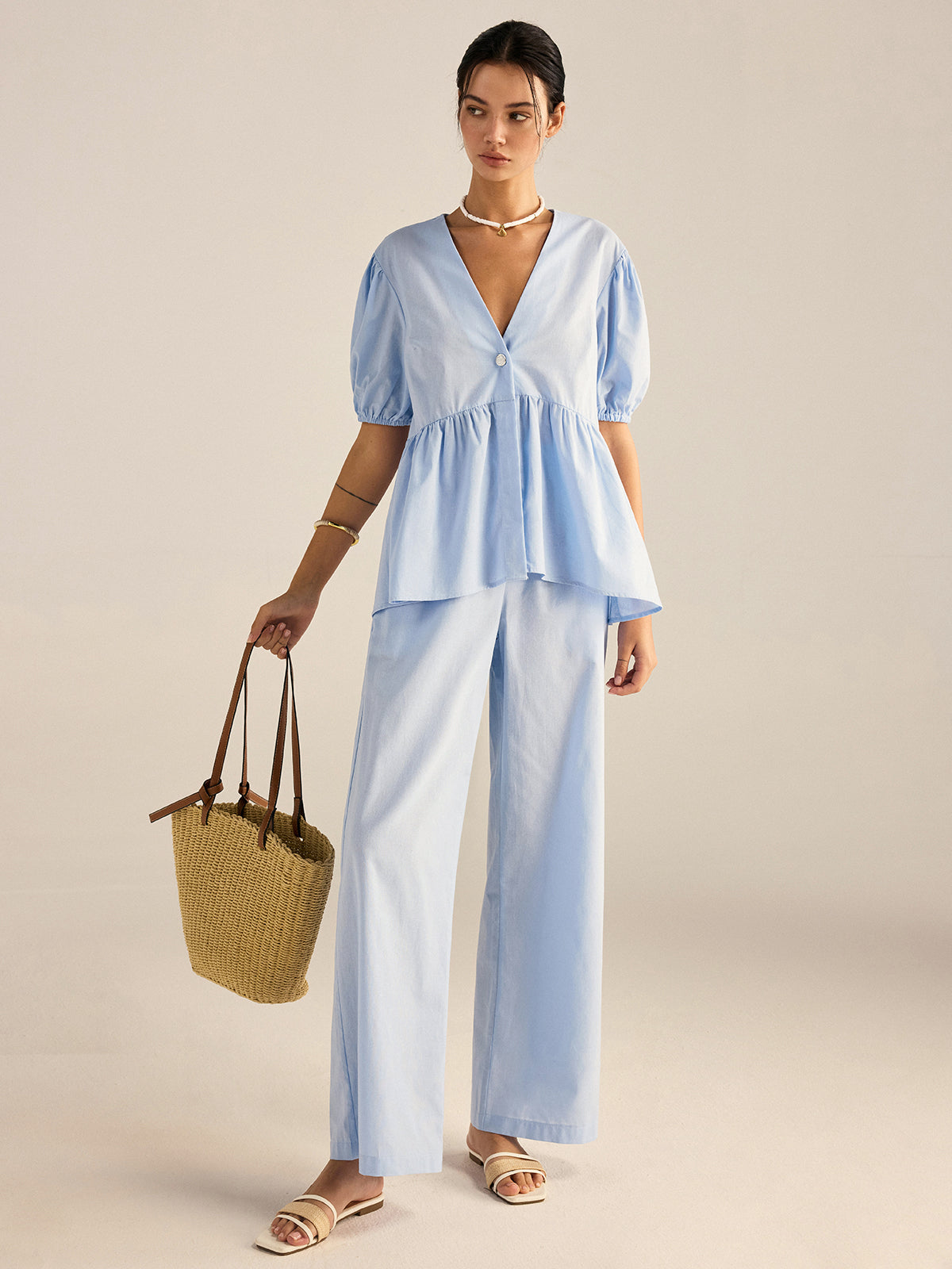 Cotton Peplum Top and Pants Set-Massicos