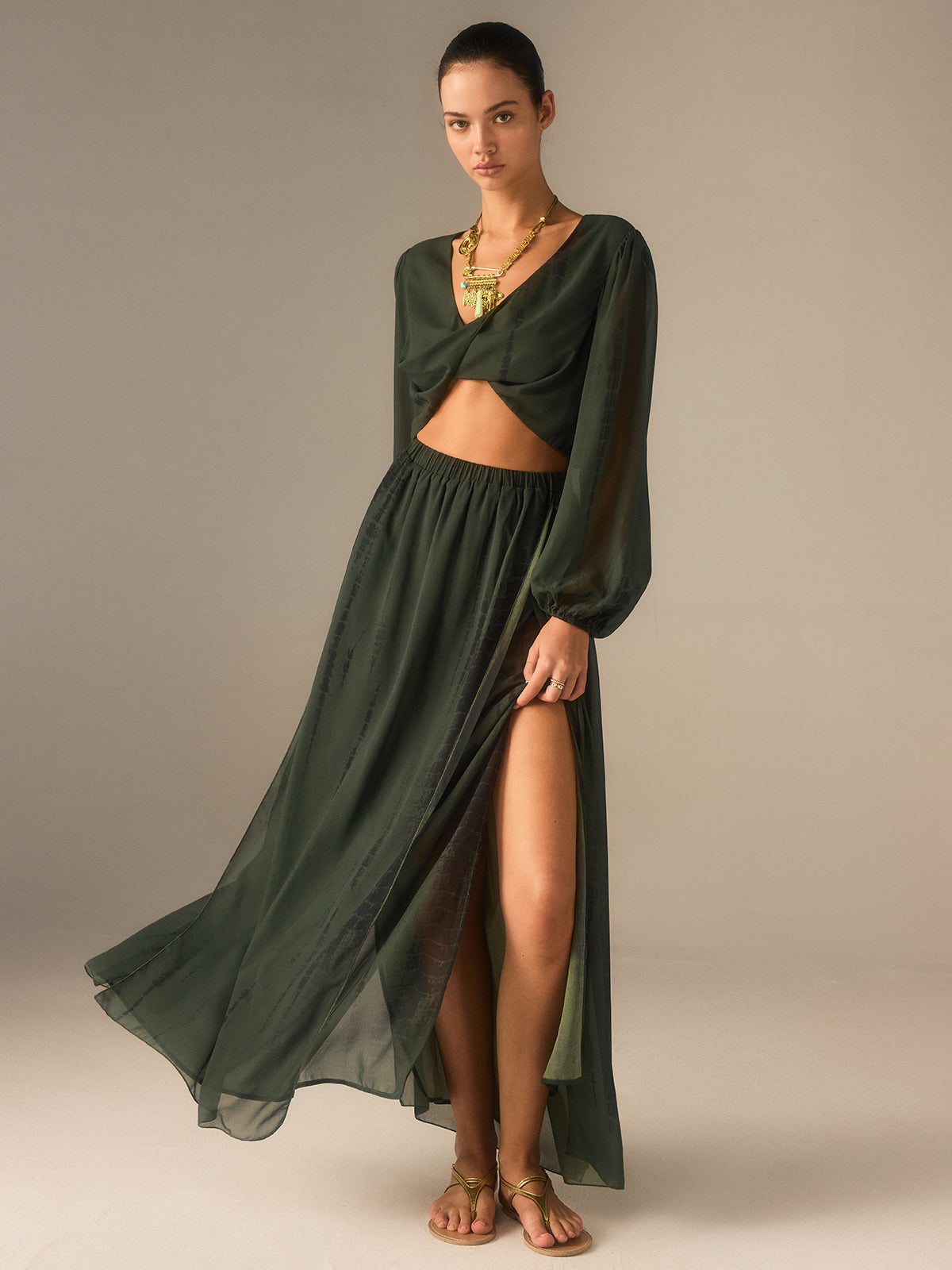 Chiffon Crop Top and Slit Maxi Skirt Set-Massicos