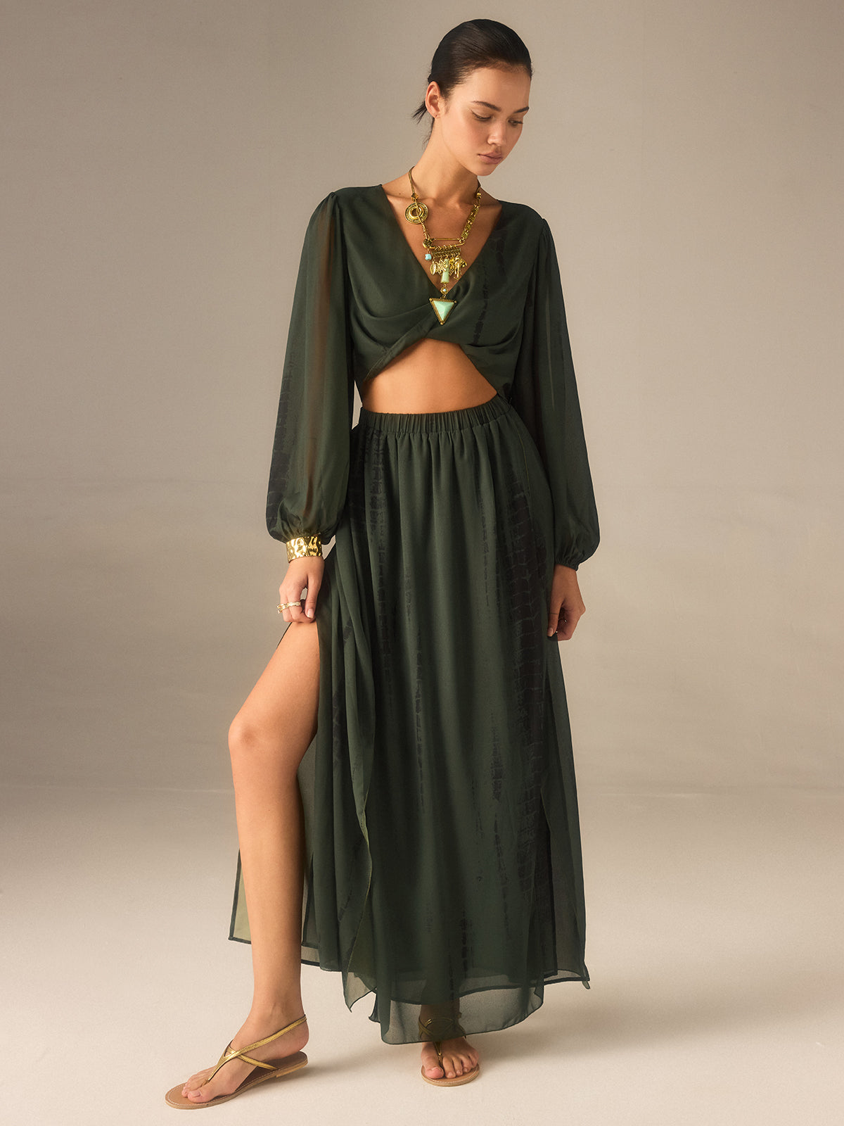 Chiffon Crop Top and Slit Maxi Skirt Set-Massicos