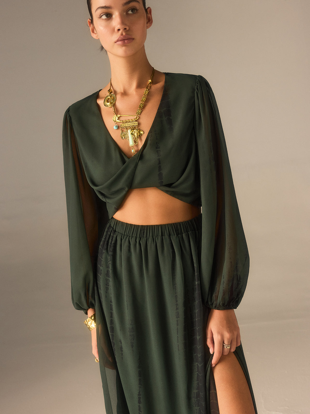 Chiffon Crop Top and Slit Maxi Skirt Set-Massicos