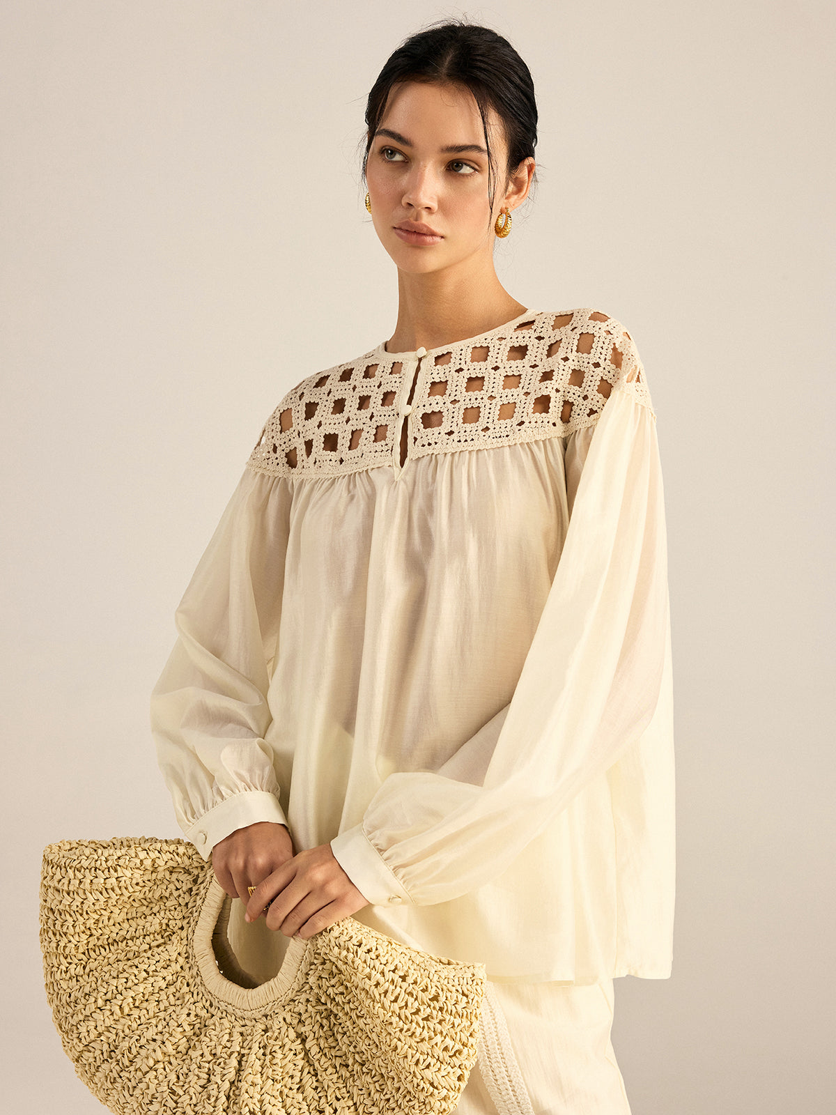 Semi-Sheer Crochet Tencel Blouse-Massicos