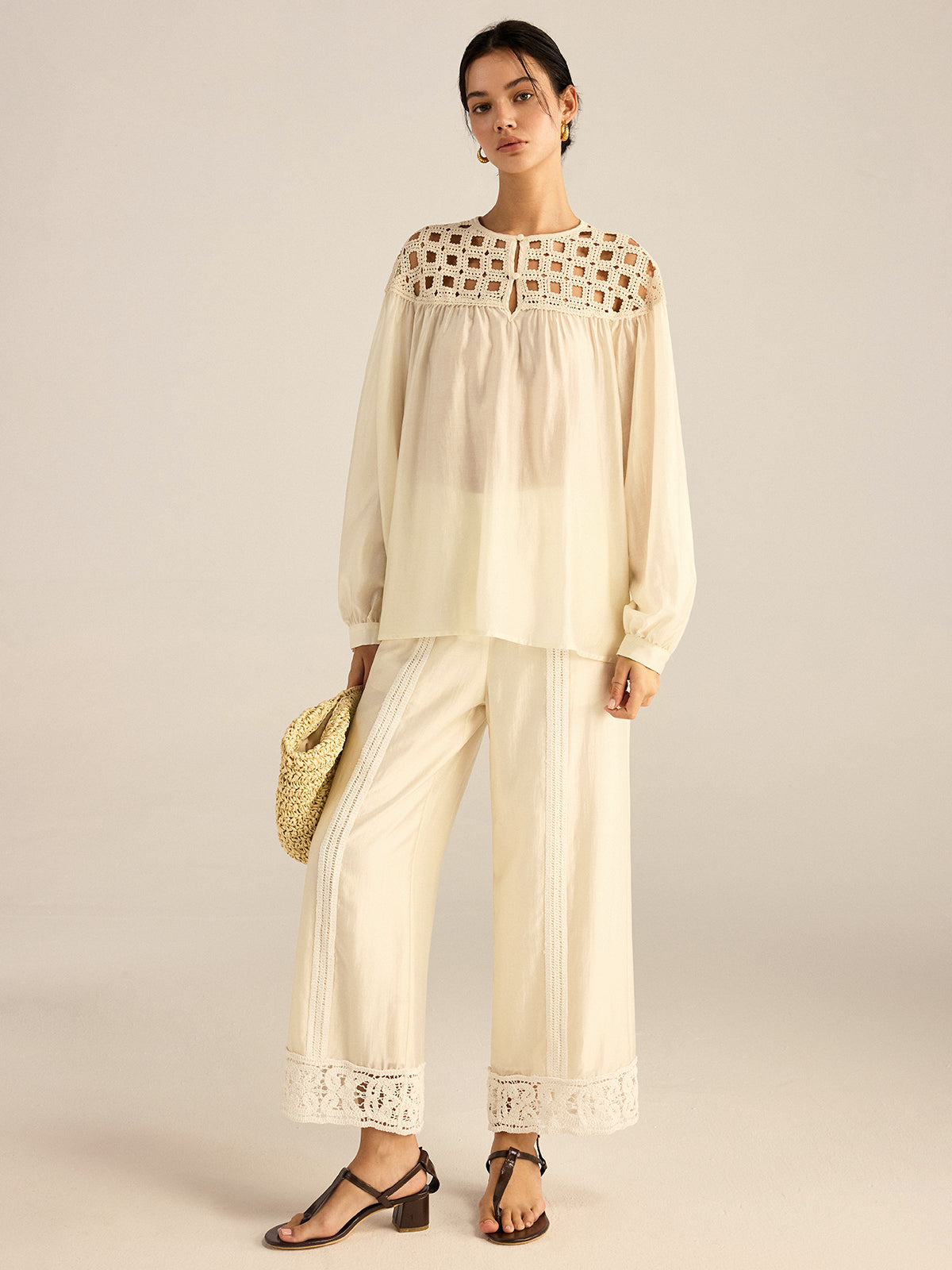Semi-Sheer Crochet Tencel Blouse-Massicos
