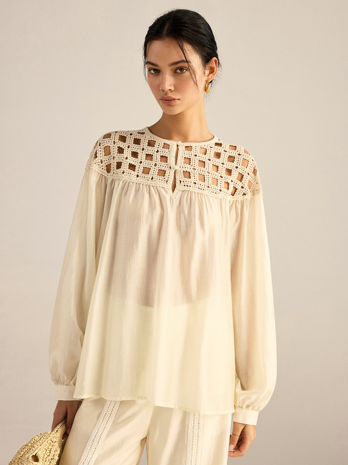 Semi-Sheer Crochet Tencel Blouse-Massicos