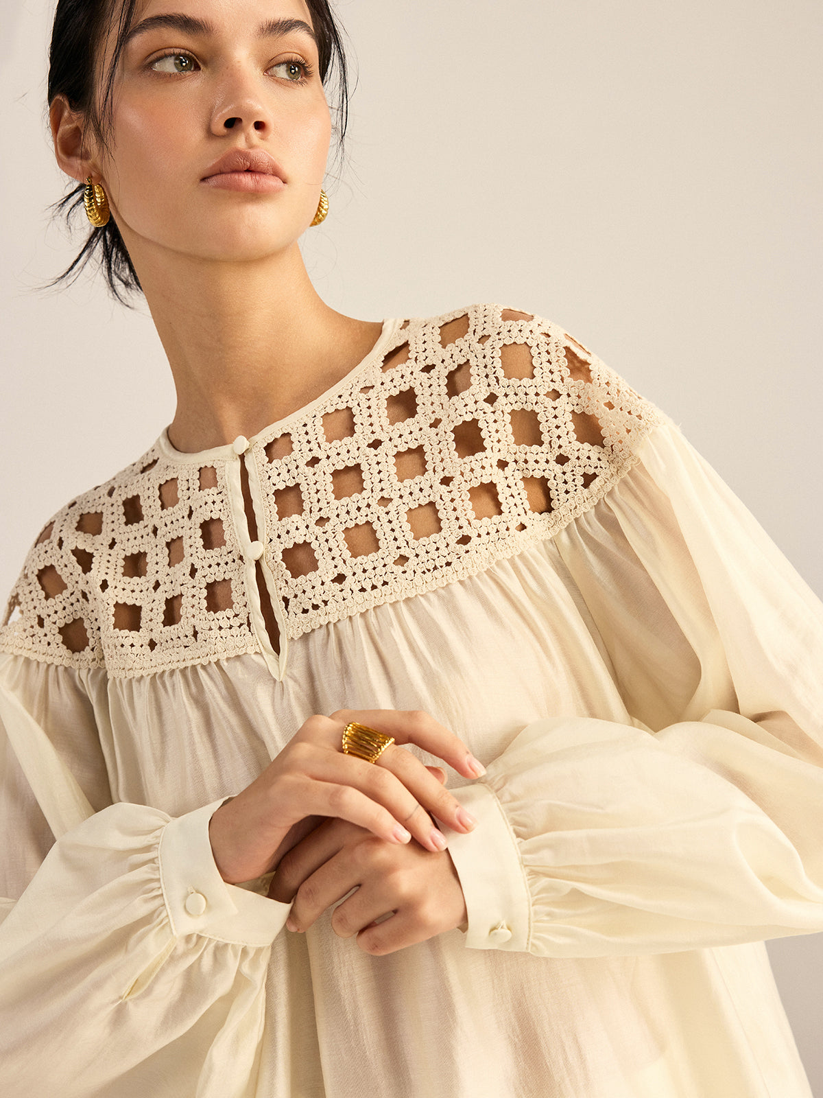 Semi-Sheer Crochet Tencel Blouse-Massicos