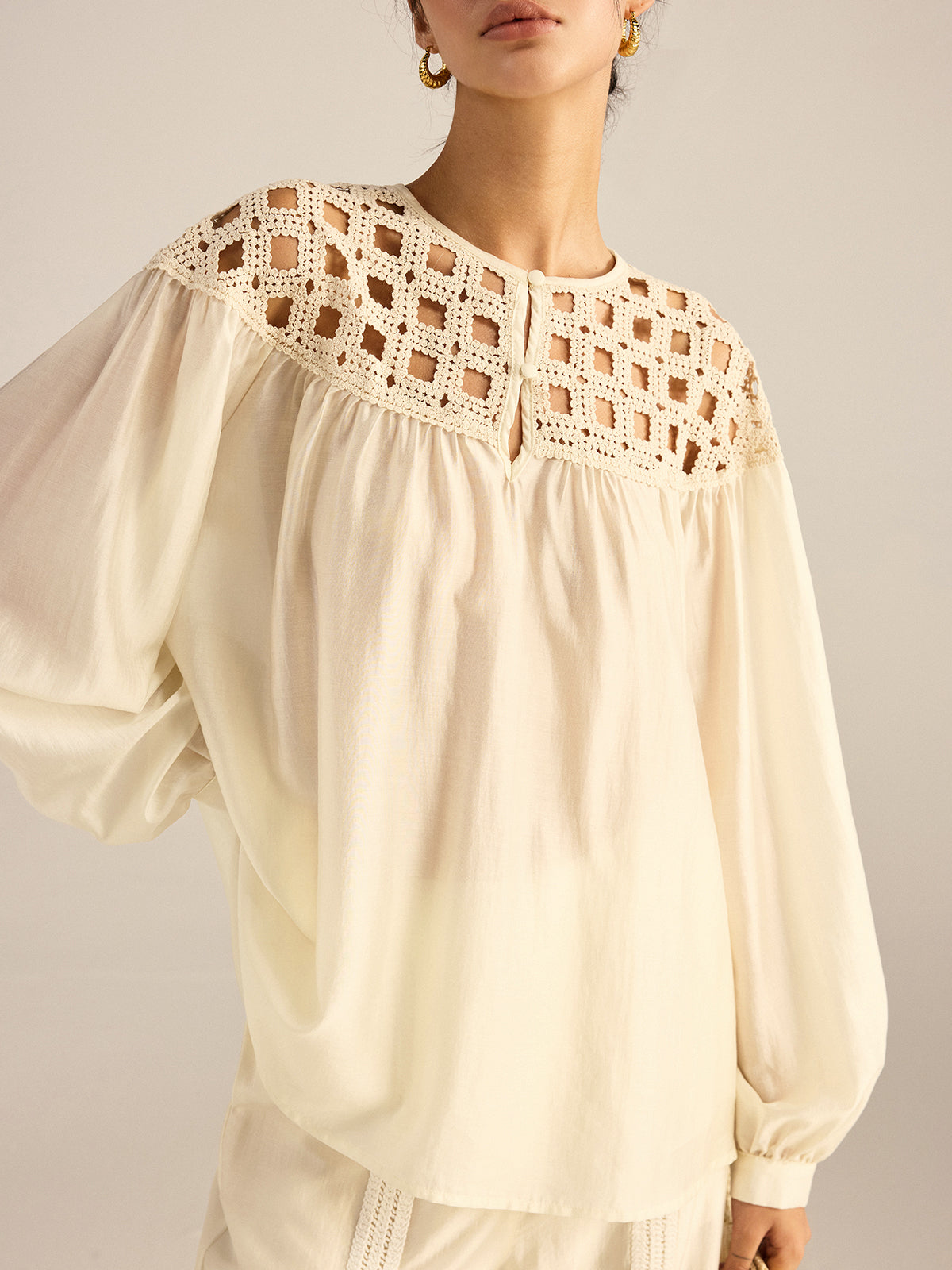 Semi-Sheer Crochet Tencel Blouse-Massicos