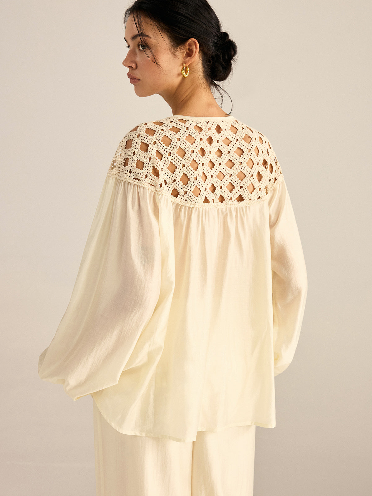 Semi-Sheer Crochet Tencel Blouse-Massicos