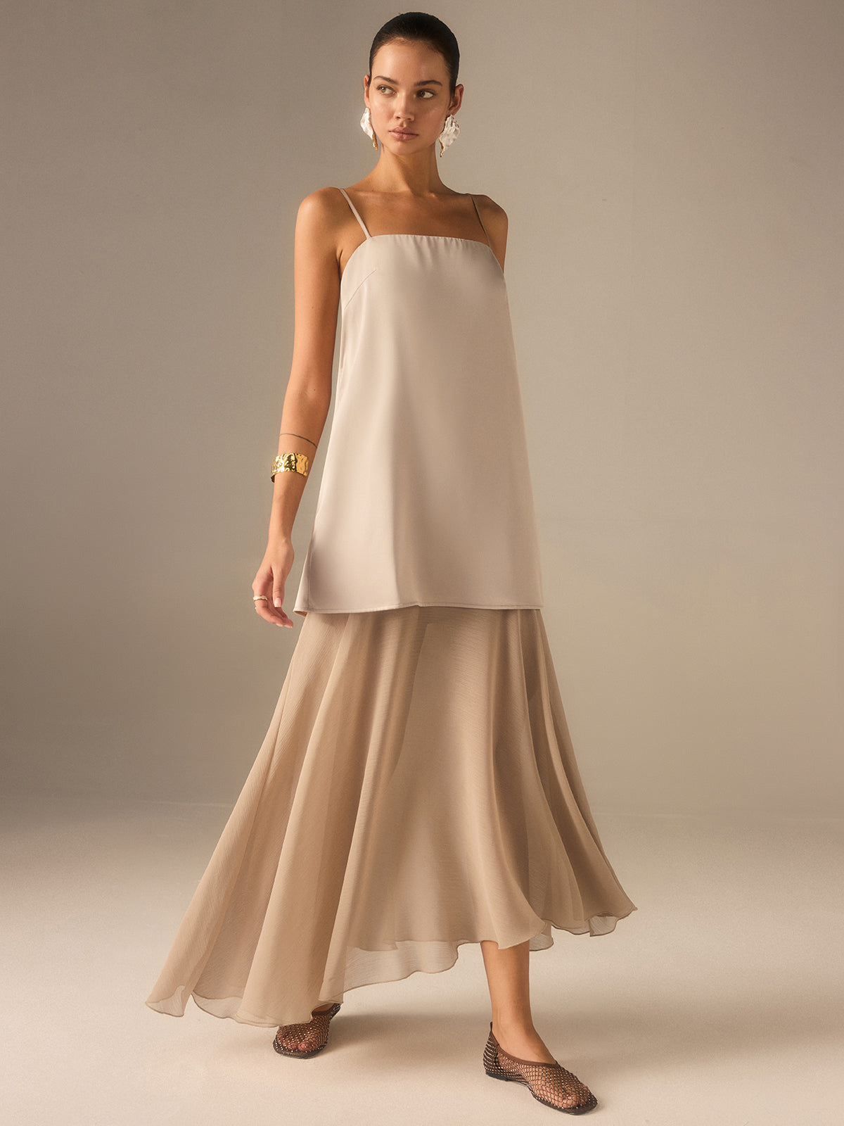 2 in 1 Semi-Sheer Chiffon Cami Maxi Dress-Massicos