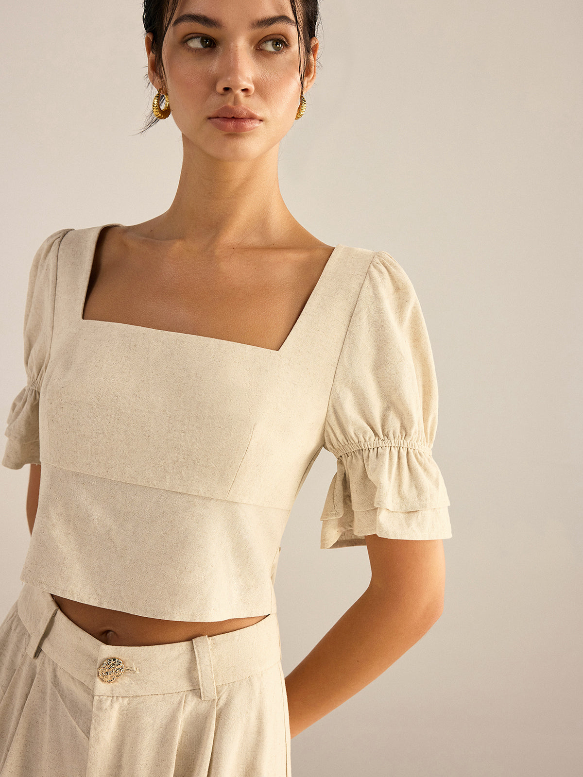 Cotton & Linen Puff-Sleeves Bow-Back Top and Pants Set-Massicos